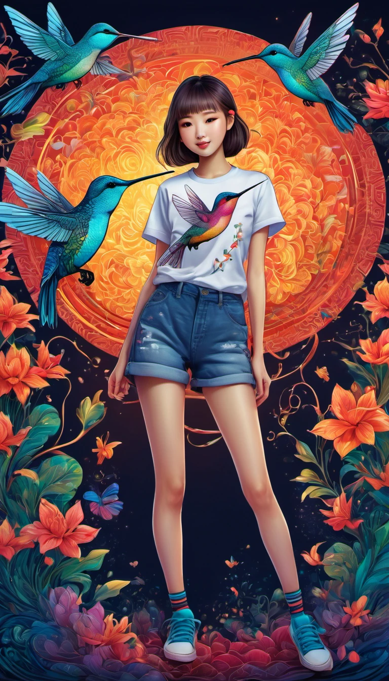 (best quality, highres, ultra sharp), magical, cute chinese girl wearing T-shirt with a hummingbird printed, chinese beauty with long legs, socks, shoes, zentangle, full colored, 3d crunch, full body view,