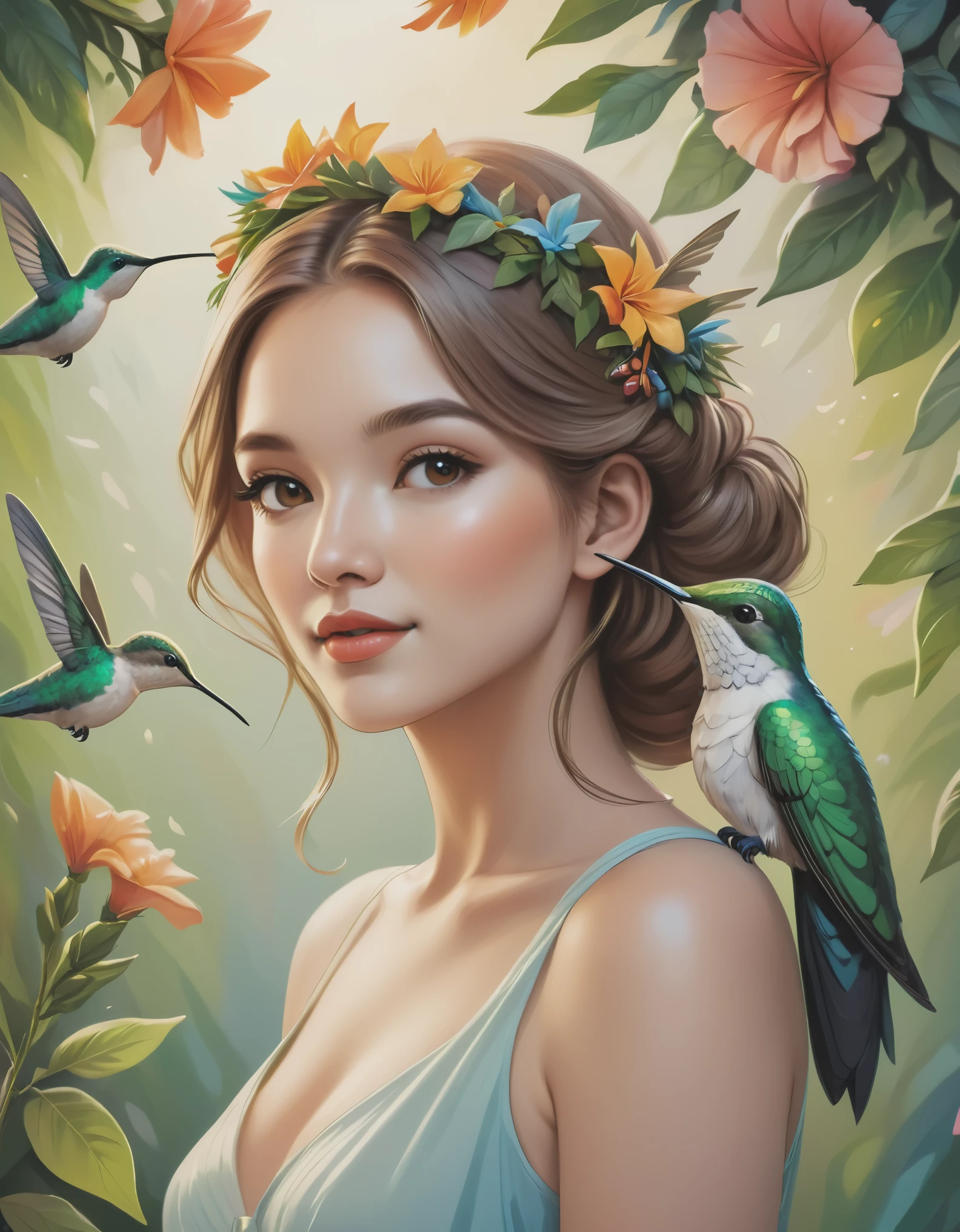 A beautiful artistic illustration，Beautiful girl posing with hummingbird，portrait，Garland decoration，Environmental protection theme，soft，line art，The line of the process，oil pastel art