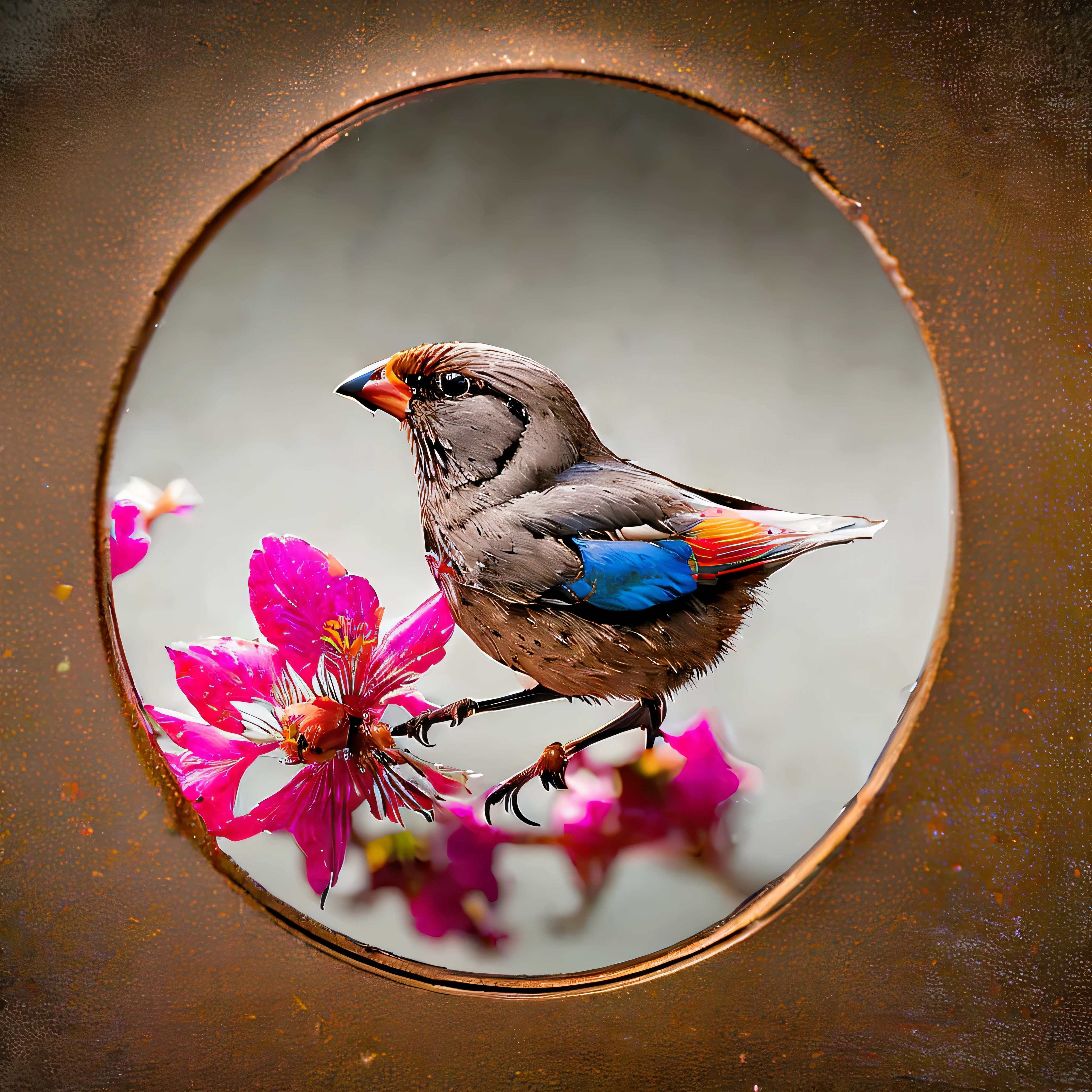 "Sparrow bird with open wings perched on a cherry blossom branch, wings spread upwards", Style-Glass, ((epic tmasterpiece, ultra best quality, detailed, ultra sharp focus, ultra high-resolution, ultra high-definition, UHD, HDR, vibrant DSLR vivid)), colorful lighting, reflection