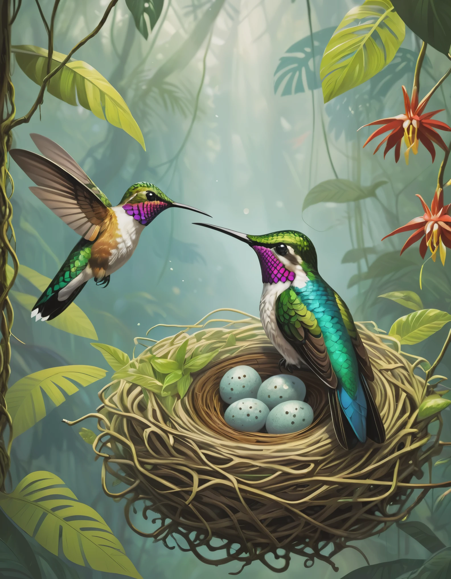 beautiful hummingbird,bird's nest,rainforest,art illustration