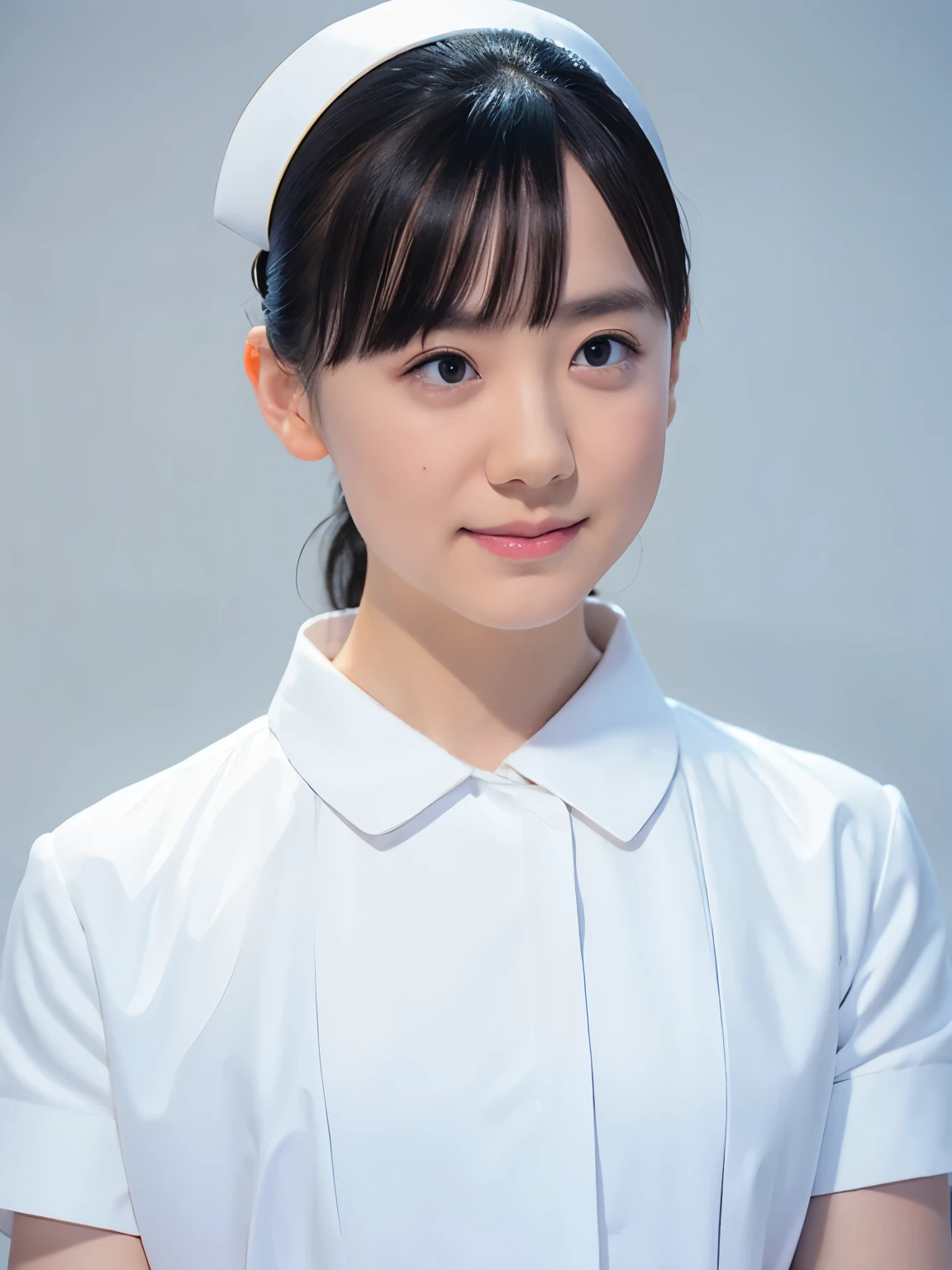 1 girl,(Wearing white nurse clothes:1.2),(RAW photo, highest quality), (realistic, photo-realistic:1.4), masterpiece, very delicate and beautiful, very detailed, 2k wallpaper, wonderful, finely, very detailed CG unity 8k wallpaper, Super detailed, High resolution, soft light, beautiful detailed girl, very detailed eyes and face, beautifully detailed nose, finely beautiful eyes, nurse, perfect anatomy, black hair, up style, nurse uniform, ((nurse cap)), long skirt, nurse, white costume, thin, hospital, clear, white uniform, hospital room, auscultation of the neck、((whole body)),slender