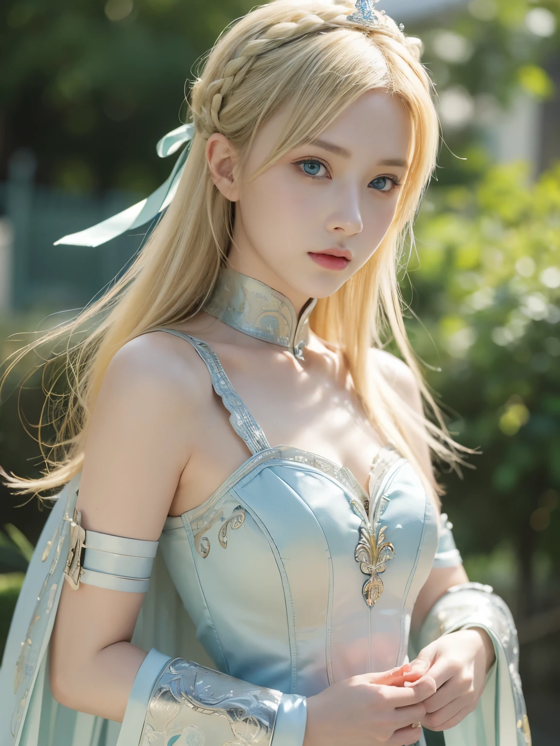 (masterpiece:1.2), (absurdres), (detailed face),(detailed eyes), (best quality) (traditional media:1.2) , (white backround), (expressionless), artoria_pendragon_(fate), saber, armor, blonde hair, gauntlets, green eyes, hair ribbon, armored dress, ahoge, blue dress, (nude)