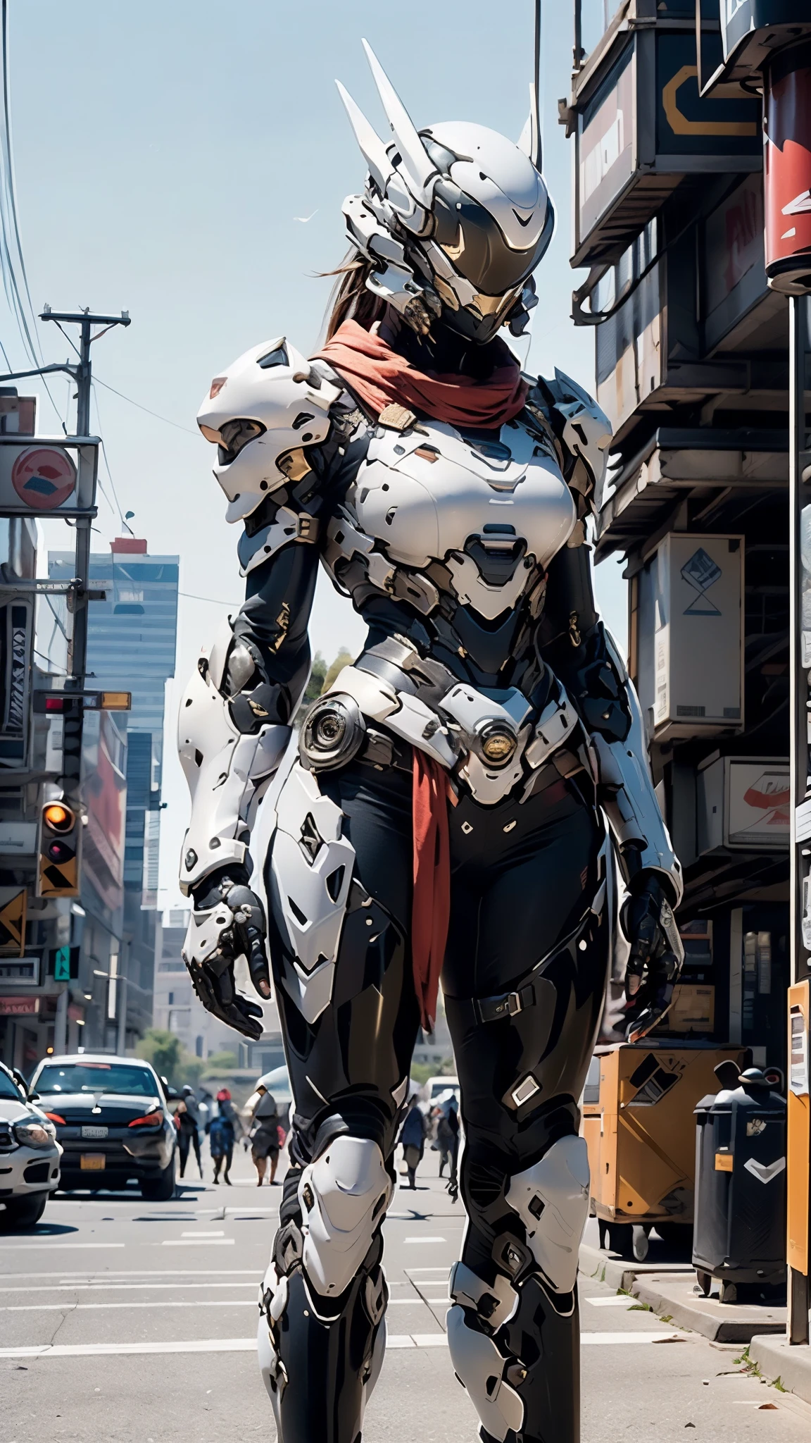 A woman adorned in fantasy-style full-body armor, a crown-concept fully enclosed helmet that unveils only her eyes, a composite layered chest plate, fully encompassing shoulder and hand guards, a lightweight waist armor, form-fitting shin guards, the overall design is heavy-duty yet flexible, ((the armor gleams with a golden glow, complemented by red and blue accents)), exhibiting a noble aura, she floats above the Futuristic city, this character embodies a finely crafted fantasy-surreal style armored hero in anime style, exquisite and mature manga art style, (Queen bee mixed with Spider concept Armor, photorealistic:1.4, real texture material:1.2), ((city night view, elegant, goddess, femminine:1.5)), metallic, high definition, best quality, highres, ultra-detailed, ultra-fine painting, extremely delicate, professional, anatomically correct, symmetrical face, extremely detailed eyes and face, high quality eyes, creativity, RAW photo, UHD, 32k, Natural light, cinematic lighting, masterpiece-anatomy-perfect, masterpiece:1.5