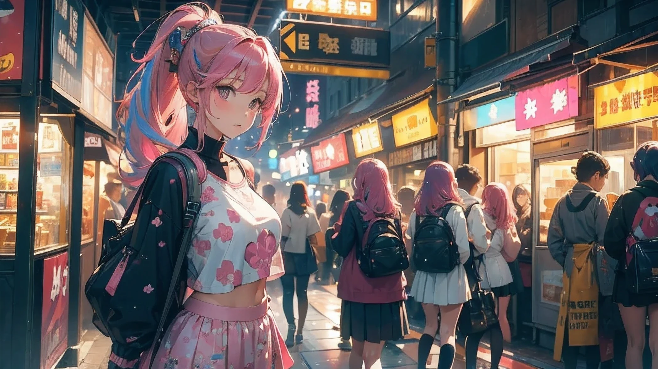 1 girl, alone, ((masterpiece)), highest quality, absurd, Super detailed, holographic, golden ratio, super cute girl, mature woman, idle girl, Super beautiful Asian girl with very beautiful purple sparkling eyes, Beautiful sparkling pink multicolored hair, (((pink hair))), high ponytail, nice and sexy body, because I&#39;thin, perfect body, big breasts, she&#39;She is wearing a super tight anime patterned bikini., Super tight off shoulder long sleeve crop top with anime print, two girls wearing school uniforms stroll and have backpacks in public in front of buildings, multiple girls, skirt, bag, brown hair, school uniform, 2 girls, shoes下, blurry, school bag, outdoors, shoes, knee high
, Super beautiful transparent mini jacket, beautiful hair ornament, pink jordan tennis, in an arcade game