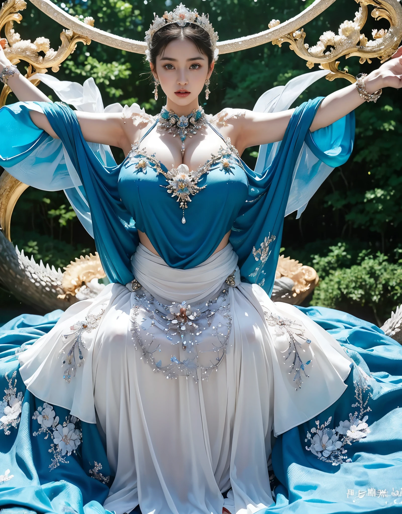 highest quality、masterpiece、ultra high resolution、16k photos、（blue dragon armor）、(((big breasts)))、(((big flower decoration on the head))),(((Micro bikini with attention to detail))),(She wears a beautiful crown made of precious stones.),(Photoreal:1.4)、RAW photo、1 girl、(((random hair))、(((Take a variety of poses)))、glowing skin、(((white dragon)))、intricate and gorgeous hair ornaments、（Looks like a gorgeous jewelry necklace）、（whole body angle）、（fight big dragonet bikini）、((beautiful lake background)),(beautiful forest background)、((Ultra realistic details))、portrait、global illumination、（sexy pose）、Shadow、octane rendering、16k、big breasts、Raw skin exposed in the cleavage、Metal、intricate decorative details、Japan details、very intricate details、blue eyes、Eyes shining towards the camera、2 stocks、（whole body angle）、（veil）、(((heavy big))),((she is wearing a beautiful jeweled bangle.)),