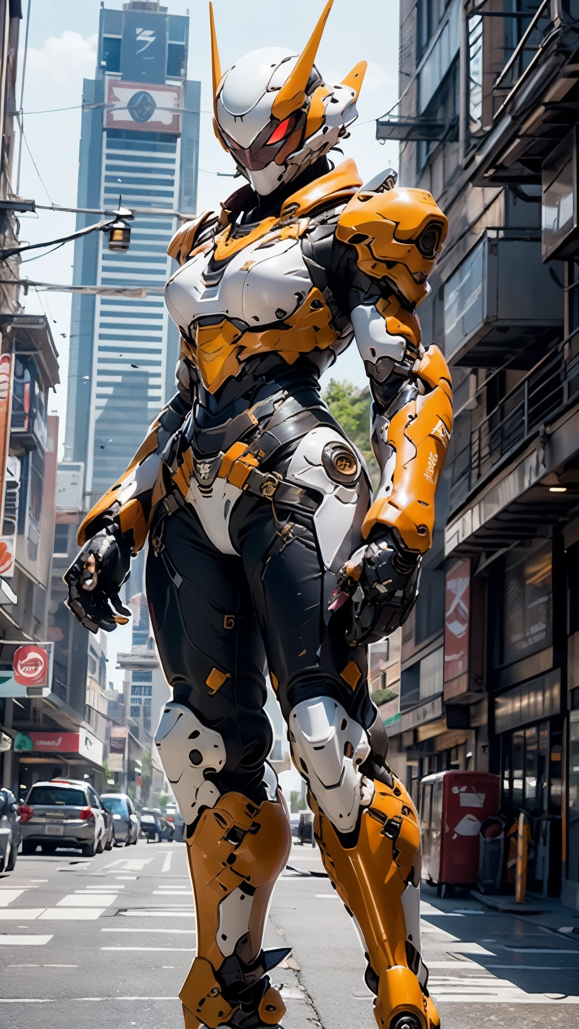 A woman adorned in fantasy-style full-body armor, a crown-concept fully enclosed helmet that unveils only her eyes, a composite layered chest plate, fully encompassing shoulder and hand guards, a lightweight waist armor, form-fitting shin guards, the overall design is heavy-duty yet flexible, ((the armor gleams with a golden glow, complemented by red and blue accents)), exhibiting a noble aura, she floats above the Futuristic city, this character embodies a finely crafted fantasy-surreal style armored hero in anime style, exquisite and mature manga art style, (Queen bee mixed with Spider concept Armor, photorealistic:1.4, real texture material:1.2), ((city night view, elegant, goddess, femminine:1.5)), metallic, high definition, best quality, highres, ultra-detailed, ultra-fine painting, extremely delicate, professional, anatomically correct, symmetrical face, extremely detailed eyes and face, high quality eyes, creativity, RAW photo, UHD, 32k, Natural light, cinematic lighting, masterpiece-anatomy-perfect, masterpiece:1.5