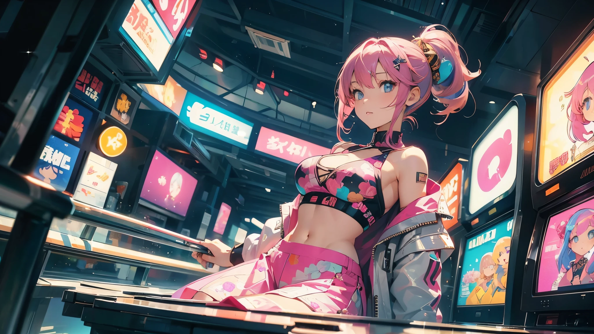 Anime Kawaii sexy Perfect Slim sensual body large breast and huge thighs, An intricate and highly detailed illustration of anime (Young girl) NSFW,Big perfect breasts ((Space Punk Girl)),(((1 girl))),((beautiful Girl)), ((Saggy breasts)), ((Gray Hair, Dirty black hair, Inner hair color)), Long Hair , Amazingly long and voluminous hair, ((intricately cut hair)), (((Neon pink eyes: 1.4))), beautiful detailed eyes, Very sexy body, ((((Short sweatshirt, Short sweatshirt, Complex sweatshirts)) )) Flowing Cyberpunk Skirt, Revealing clothing, Show some skin, ((((Well good)))),((Cleavage))(((Cyberpunk Clothing, Complex clothing, Complex clothing))) (((Light Skin: 1, 5, Sunburned skin, Glowing Skin) )), ((Firm Abdomen)), Wide Hips, Moving objects, Sexy Legs, Detailed body, ((Detailed face)), (Graffiti on clothes), (Half naked, dress up a little, barefoot) ((Sexy pose)), alone, Embarrassing, High resolution, Sharp focus, (Very detailedな, Very detailed), (Perfect art) (Very detailed), (((Bright colors))), (Background Complex), (Tabletop), (Highest quality), Synthwave Neon Colors, (((beautiful, Conclusion, attractive, erotic))), (((Browsing Caution))), Cyberpunk seaside town at night, Puddle with bright and dark storm clouds and neon sign, scenery: 1 , 30,