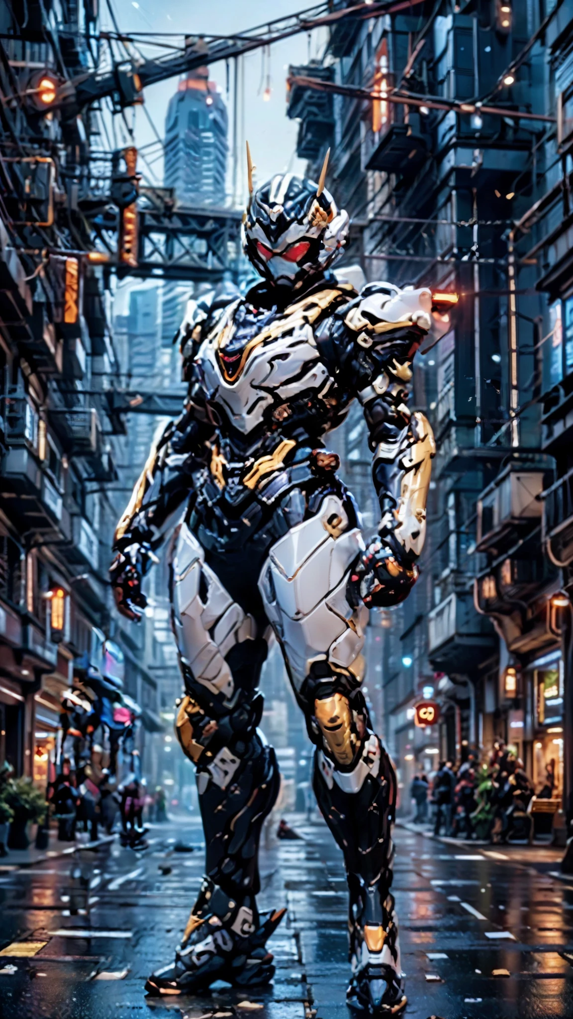 A woman adorned in fantasy-style full-body armor, a crown-concept fully enclosed helmet that unveils only her eyes, a composite layered chest plate, fully encompassing shoulder and hand guards, a lightweight waist armor, form-fitting shin guards, the overall design is heavy-duty yet flexible, ((the armor gleams with a golden glow, complemented by red and blue accents)), exhibiting a noble aura, she floats above the Futuristic city, this character embodies a finely crafted fantasy-surreal style armored hero in anime style, exquisite and mature manga art style, (Queen bee mixed with Spider concept Armor, photorealistic:1.4, real texture material:1.2), ((city night view, elegant, goddess, femminine:1.5)), metallic, high definition, best quality, highres, ultra-detailed, ultra-fine painting, extremely delicate, professional, anatomically correct, symmetrical face, extremely detailed eyes and face, high quality eyes, creativity, RAW photo, UHD, 32k, Natural light, cinematic lighting, masterpiece-anatomy-perfect, masterpiece:1.5