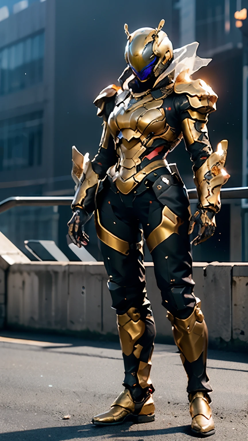 A woman adorned in fantasy-style full-body armor, a crown-concept fully enclosed helmet that unveils only her eyes, a composite layered chest plate, fully encompassing shoulder and hand guards, a lightweight waist armor, form-fitting shin guards, the overall design is heavy-duty yet flexible, ((the armor gleams with a golden glow, complemented by red and blue accents)), exhibiting a noble aura, she floats above the Futuristic city, this character embodies a finely crafted fantasy-surreal style armored hero in anime style, exquisite and mature manga art style, (Queen bee mixed with Spider concept Armor, photorealistic:1.4, real texture material:1.2), ((city night view, elegant, goddess, femminine:1.5)), metallic, high definition, best quality, highres, ultra-detailed, ultra-fine painting, extremely delicate, professional, anatomically correct, symmetrical face, extremely detailed eyes and face, high quality eyes, creativity, RAW photo, UHD, 32k, Natural light, cinematic lighting, masterpiece-anatomy-perfect, masterpiece:1.5