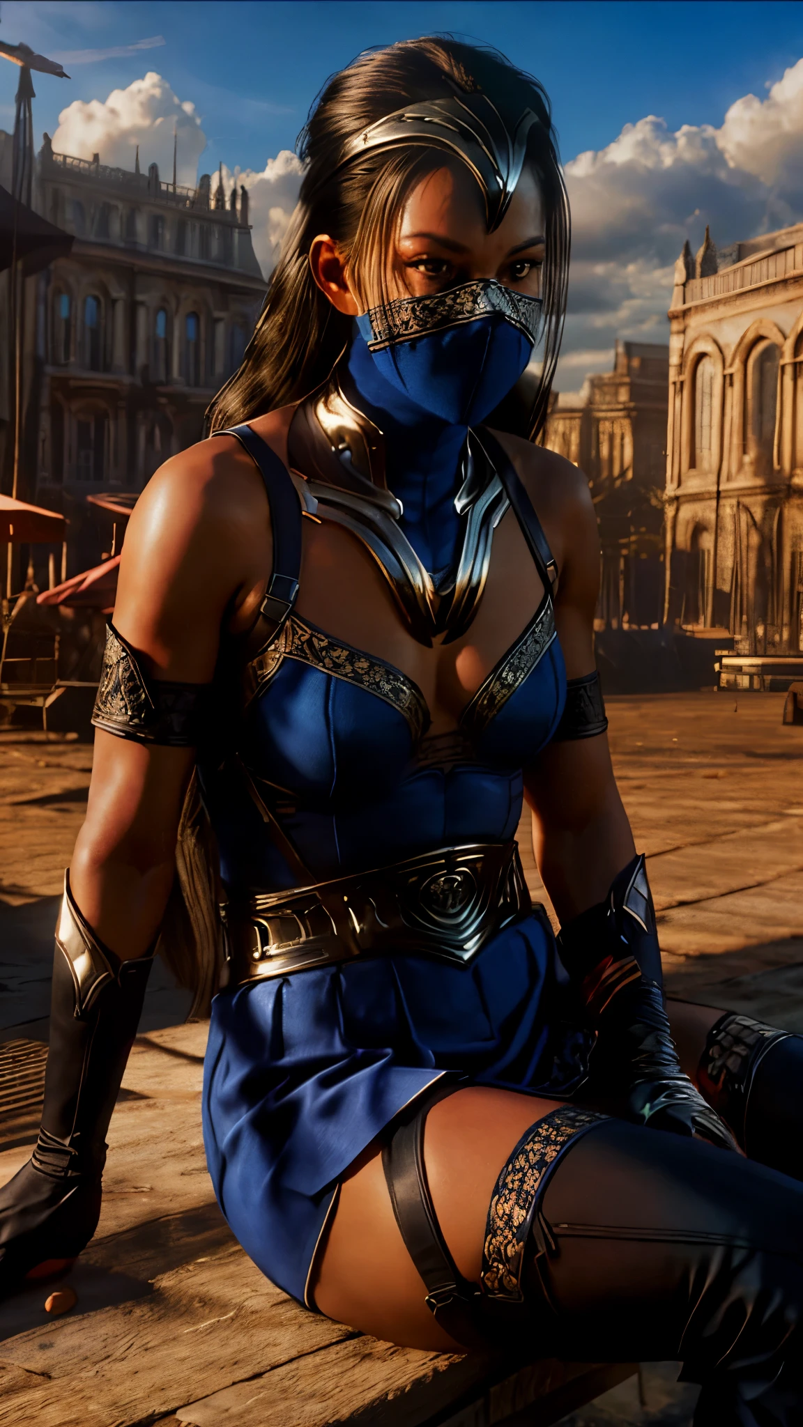 kitana, masterpiece, best quality,  ultra high res, (photorealistic:1.4), raw photo, finely detail, ultra detailed, highres, best shadow, sharp, focus, 8k UHD, DSLR, high quality, long hair, solo, 1girl, gloves, black hair, thighhighs, skirt, elbow gloves, sky, sitting, blue thighhighs, looking at viewer, outdoors, blue sky, cloud, sunlight, city, building, mask, veil, brown eyes, mouth mask, covered mouth, mouth veil