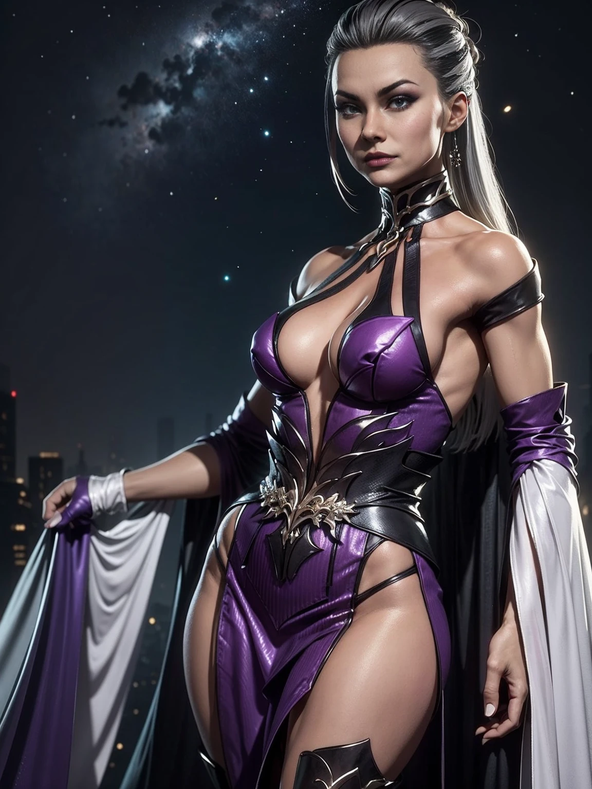 Mortal Kombat 11: Aftermath, elegant and flawless face, Sindel, gray hair, Sidel hair, long hair pulled back, long hair slicked back, multicolored hair.(( Wearing a nightgown)). semi-transparent. (It is a luxury suite that boasts richness and elegance). (Dark night sky with stars), Dynamic Posture, imposing expression, air of superiority, glamorous, arrogant