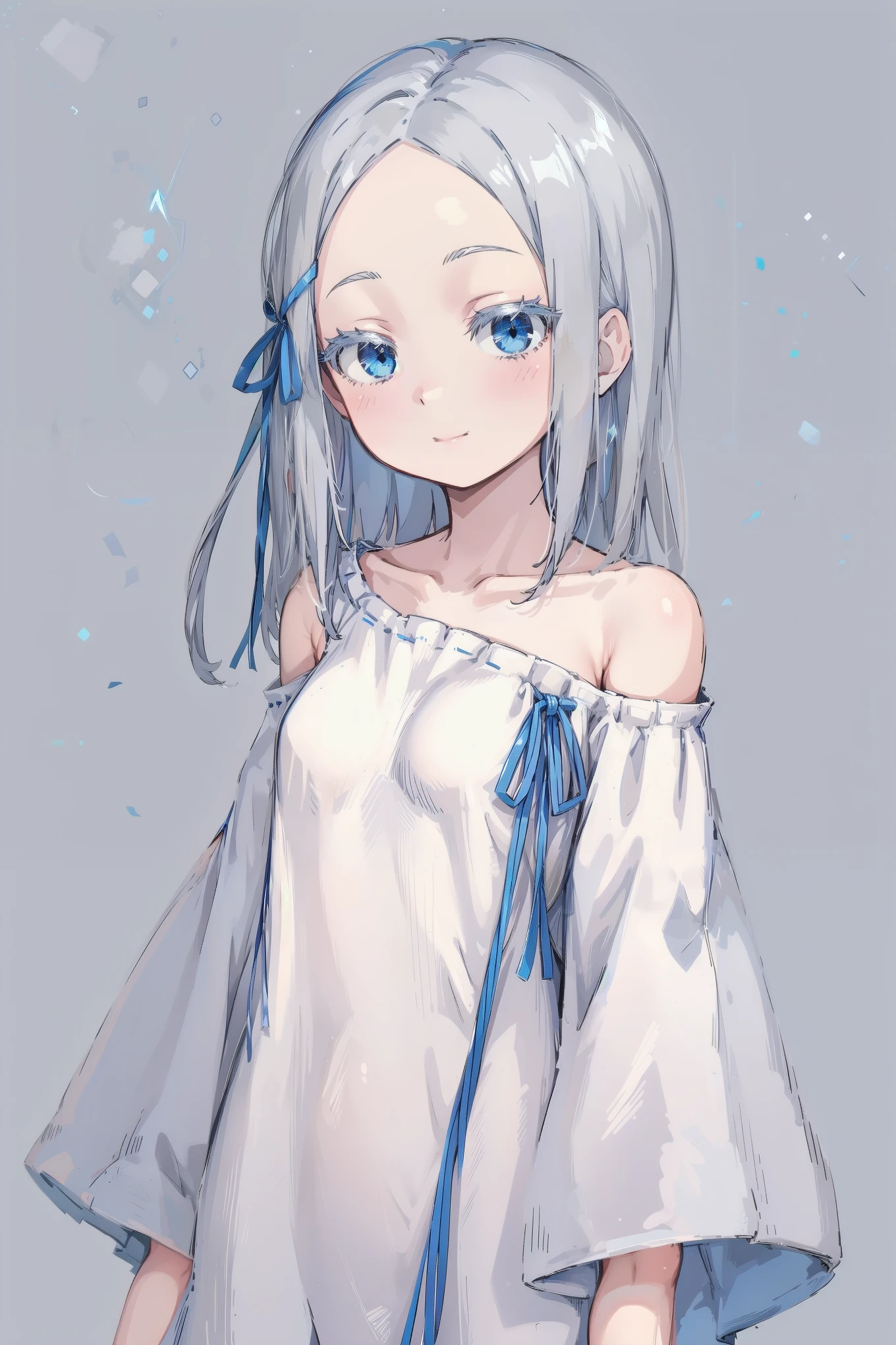 (masterpiece, best quality, ultra high quality, by quan, sketch:1.1), ((portrait)), pandora, 1girl, solo, pandora, blue eyes, long hair, grey hair, white hair, forehead, blush, bangs, small breasts, parted bangs, barefoot, neutral, innexpressive, small smile, thighs, ((pddf)), dress, full loose dress, dress ribbon, hair ribbon, white dress, long dress, blue ribbon, bare shoulders, (niji), upper body, standing, isometric lightning, gray background, simple background 