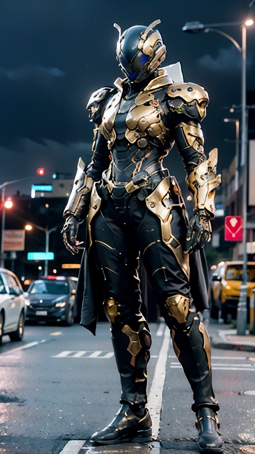 A woman adorned in fantasy-style full-body armor, a crown-concept fully enclosed helmet that unveils only her eyes, a composite layered chest plate, fully encompassing shoulder and hand guards, a lightweight waist armor, form-fitting shin guards, the overall design is heavy-duty yet flexible, ((the armor gleams with a golden glow, complemented by red and blue accents)), exhibiting a noble aura, she floats above the Futuristic city, this character embodies a finely crafted fantasy-surreal style armored hero in anime style, exquisite and mature manga art style, (Queen bee mixed with Spider concept Armor, photorealistic:1.4, real texture material:1.2), ((city night view, elegant, goddess, femminine:1.5)), metallic, high definition, best quality, highres, ultra-detailed, ultra-fine painting, extremely delicate, professional, anatomically correct, symmetrical face, extremely detailed eyes and face, high quality eyes, creativity, RAW photo, UHD, 32k, Natural light, cinematic lighting, masterpiece-anatomy-perfect, masterpiece:1.5