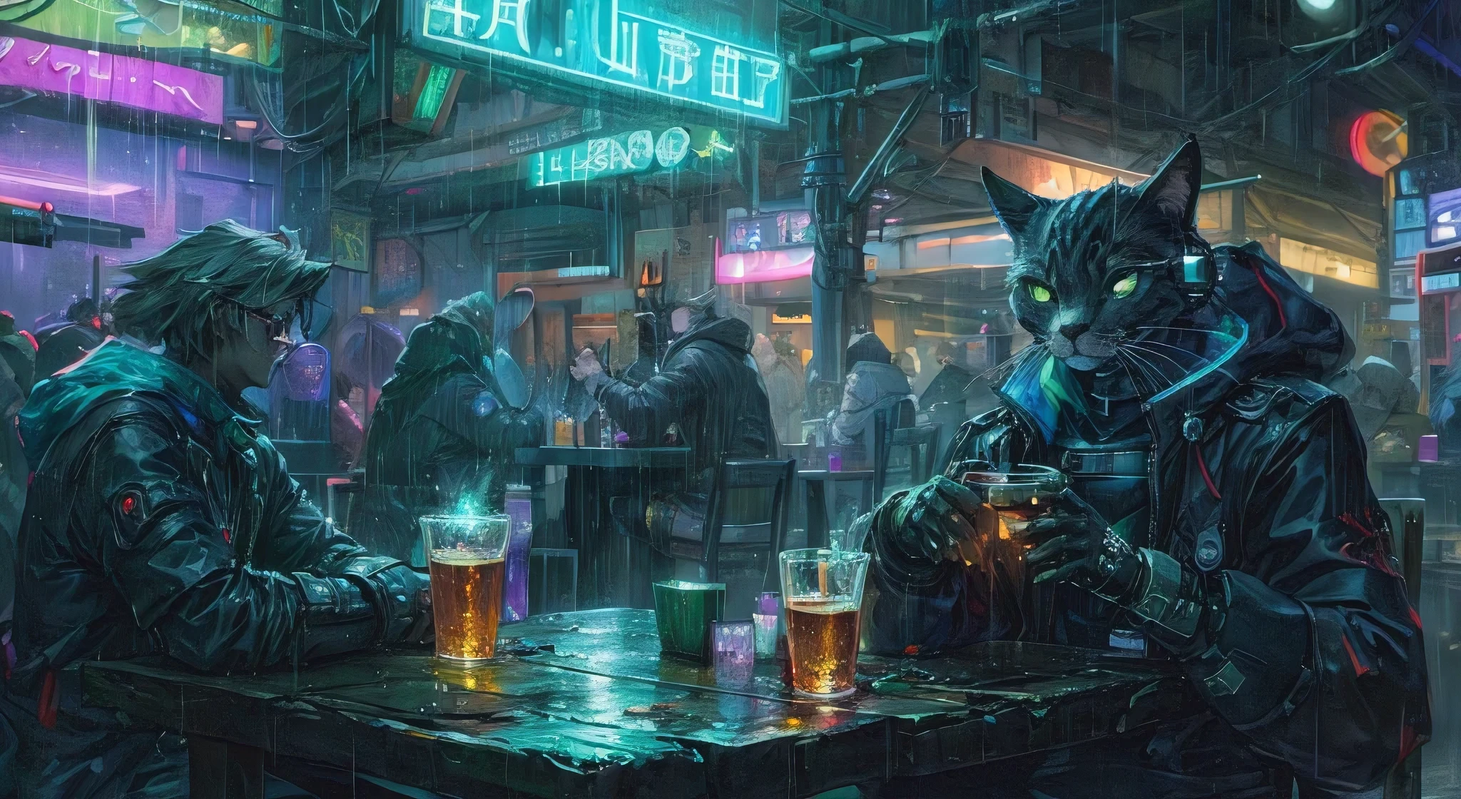 (best quality, masterpiece:1.2), rainy cyberpunk tavern with cyborg cats drinking from glowing glasses