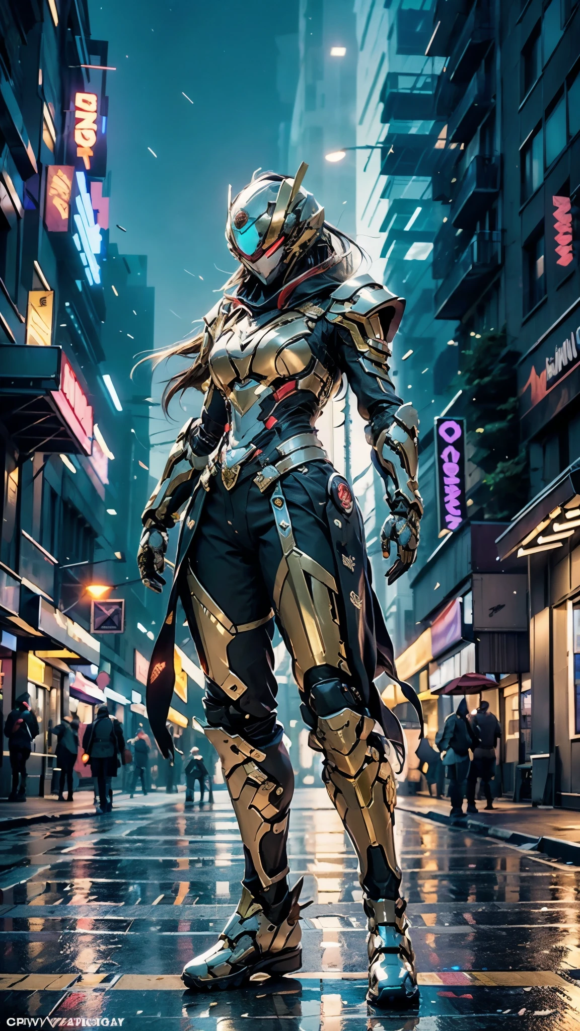 A woman adorned in fantasy-style full-body armor, a crown-concept fully enclosed helmet that unveils only her eyes, a composite layered chest plate, fully encompassing shoulder and hand guards, a lightweight waist armor, form-fitting shin guards, the overall design is heavy-duty yet flexible, ((the armor gleams with a golden glow, complemented by red and blue accents)), exhibiting a noble aura, she floats above the Futuristic city, this character embodies a finely crafted fantasy-surreal style armored hero in anime style, exquisite and mature manga art style, (beetle concept Armor, photorealistic:1.4, real texture material:1.2), ((city night view, elegant, goddess, femminine:1.5)), metallic, high definition, best quality, highres, ultra-detailed, ultra-fine painting, extremely delicate, professional, anatomically correct, symmetrical face, extremely detailed eyes and face, high quality eyes, creativity, RAW photo, UHD, 32k, Natural light, cinematic lighting, masterpiece-anatomy-perfect, masterpiece:1.5