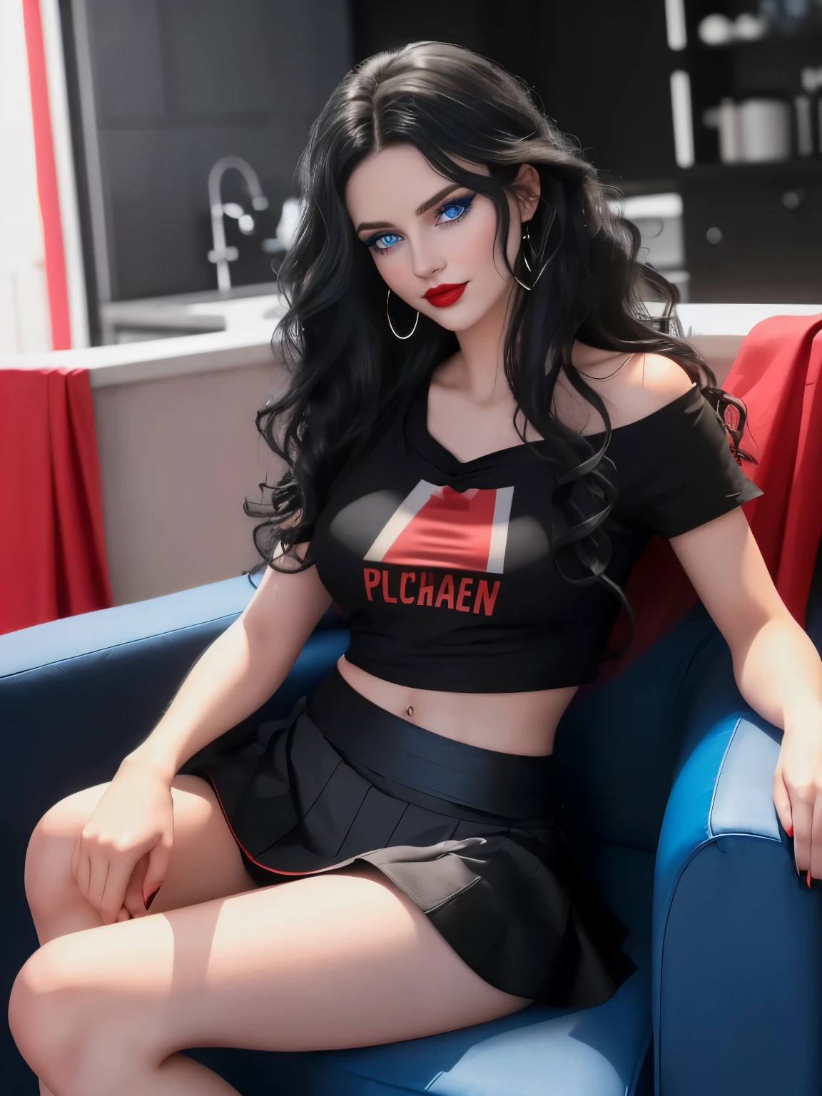 Caucasian woman; black hair, wavy hair, long hair, hair parted in the middle; blue eyes, ((lined eyes)), ((highlight blue eyes)), bright eyes; ((red lipstick)), ((makeup)); smile, athletic body, medium breasts, nipples; ((black cloth top)), ((black cloth short skirt)), sitting in modern armchair, modern house, front view, shot from below.