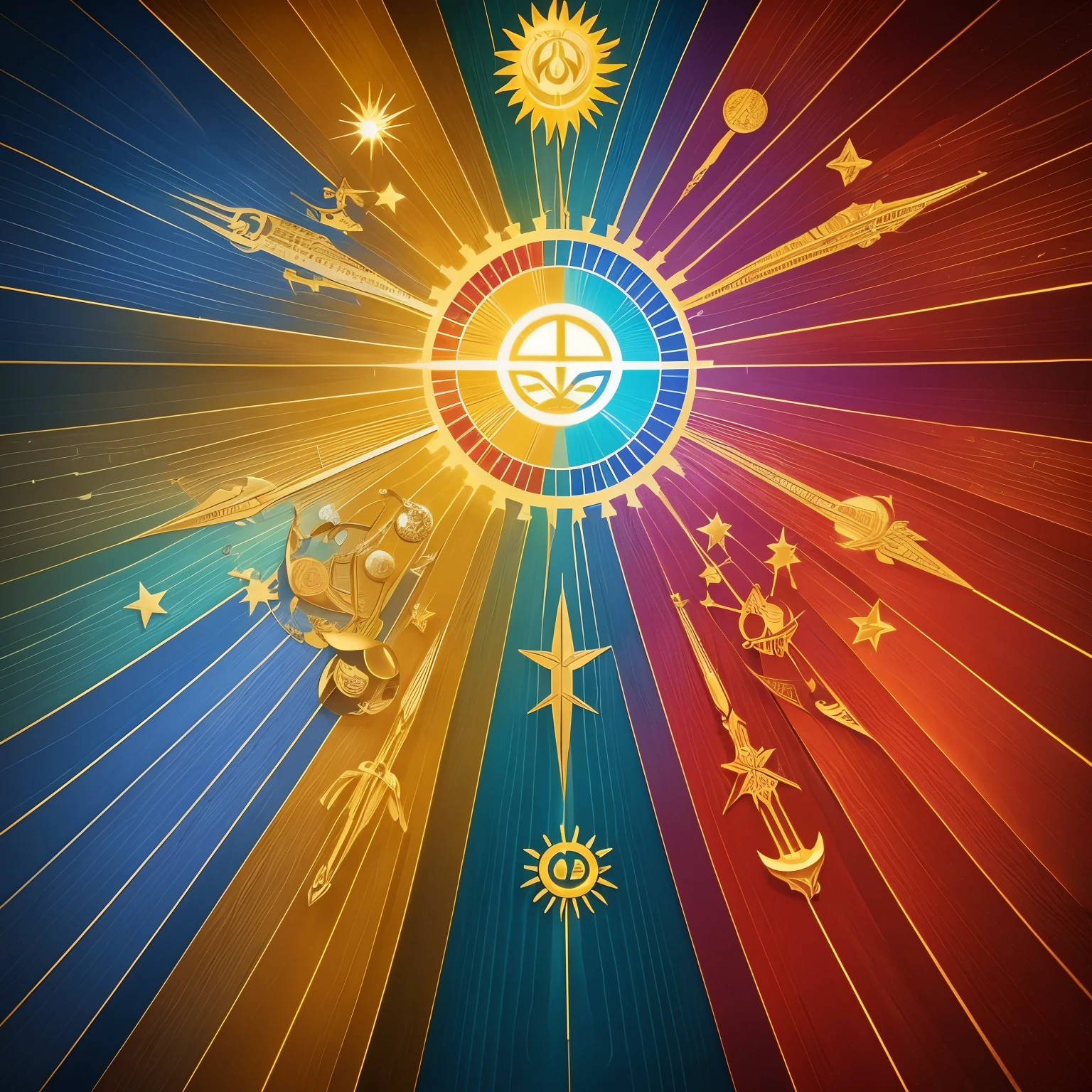 A captivating logo for a television channel advocating human rights:
A radiant sun with extended rays of equality, symbolizing the illumination and empowerment of human rights. The sun's halo is etched with intricate symbols of justice, peace, and unity. Surrounding the sun are diverse figures, each represented by a different ethnicity, gender, or age group, all standing together in solidarity. The channel name, written in bold, clear, and inclusive font, flows gracefully beneath the image. A palette of inspiring colors, such as red, blue, and gold, represents hope, freedom, and courage. The overall design embodies a heartfelt message of unity,