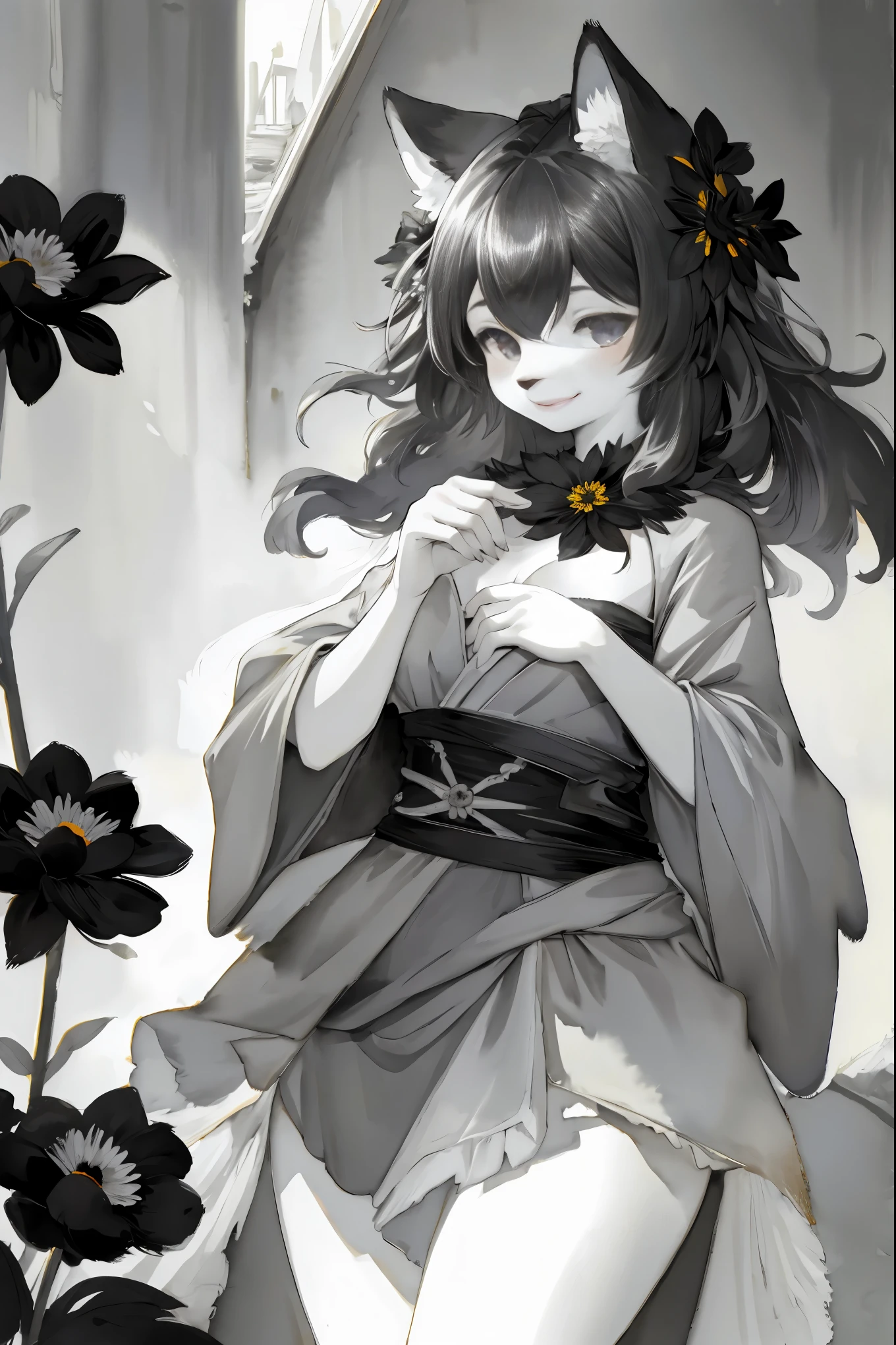 monochrome, watercolor, highres, top quality, best quality, paid reward available, High-quality illustrations, unparalleled masterpiece, perfect artwork, absurdres, 1girl, kemono, furry, detailed body fur, animal face, animal hand, Archaic Smile, holding a cluster of Black flower in both hands, which are positioned at chest level, She is wearing a simple ring on the ring finger of her left hand, unfocused spread of Black flower, fan-created work shared on platforms Pixiv or Twitter,