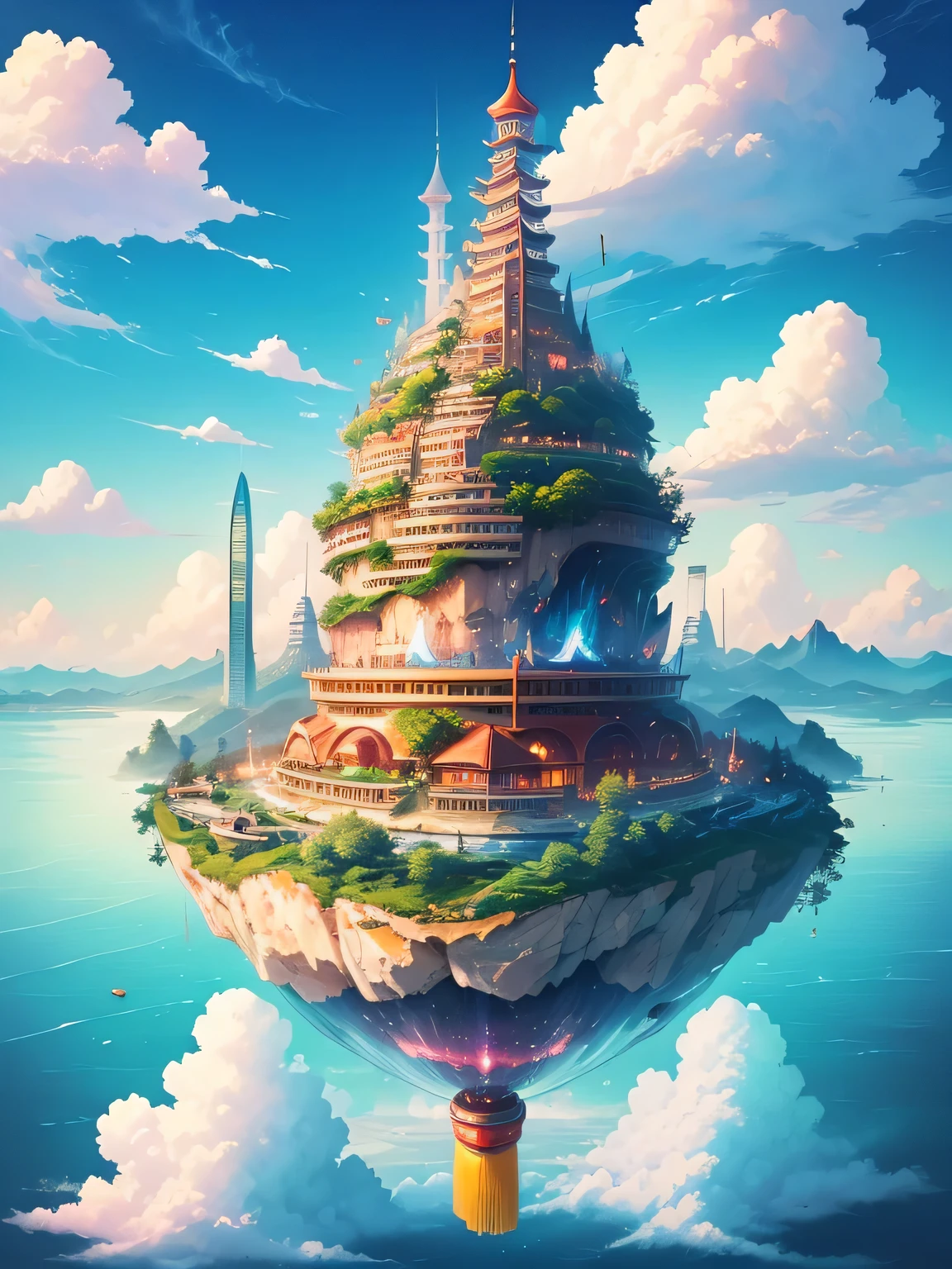 floating island,colorful clouds,Chinatown Building,Romantic,fantasy,beautiful,spectacular view,32k