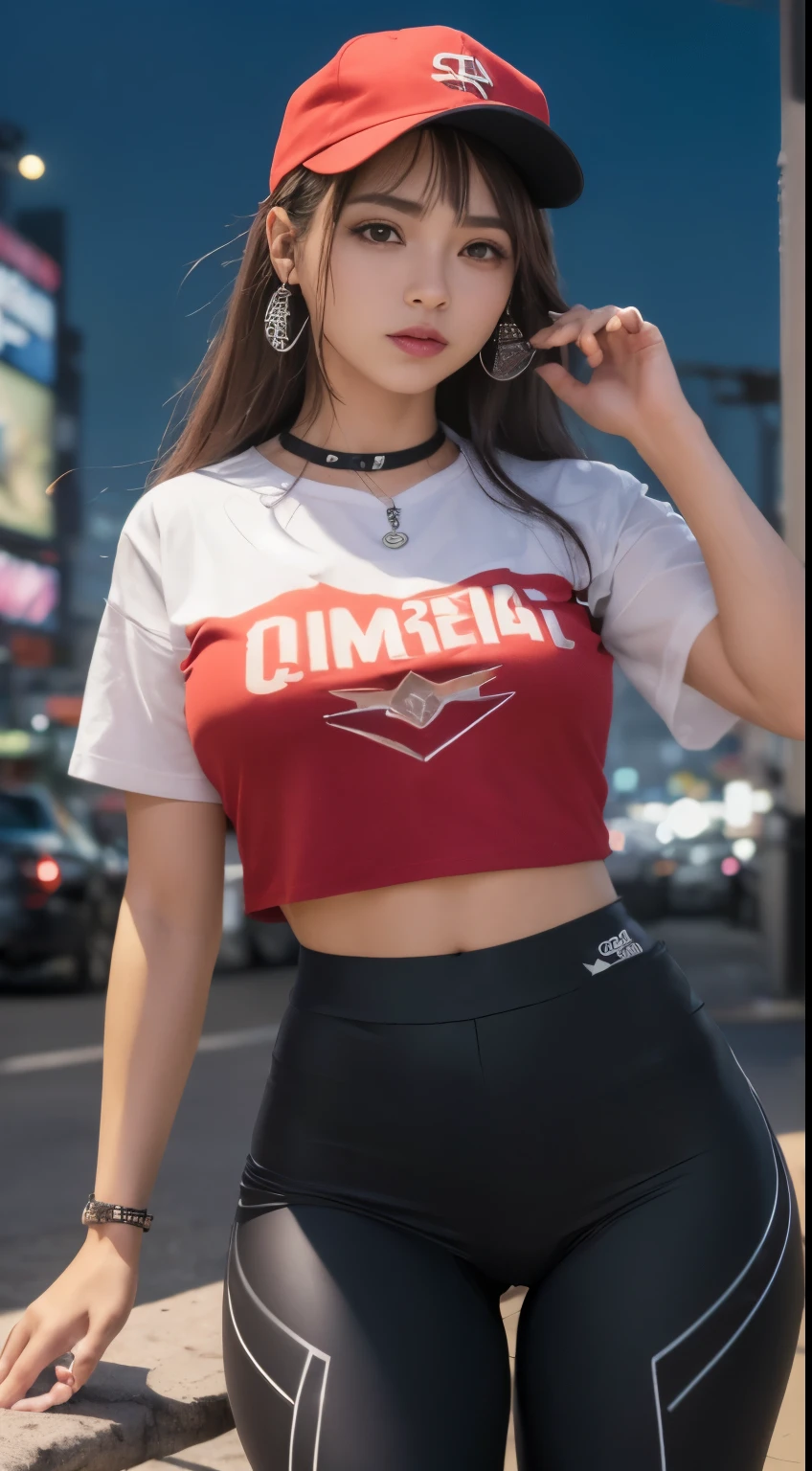 8K, Obra maestra, foto cruda, Mejor calidad, fotorrealista, extremely detailed CG unity 8K wallpaper, Profundidad de campo, cinematic light, destello de lente, trazado de rayos, (Cara extremadamente hermosa, Hermosos labios, ojos bonitos), cara con detalles intrincados, ((piel ultra detallada)) 1 chica, cuerpo completo, pechos grandes, en la oscuridad, sombra profunda, linda chica coreana, KPOP Idol,(cuerpo muy delgado, esbelto y musculoso), ((Mirando al espectador)),(gran sonrisa), (noche de la ciudad de moda, (neon sign), (fondo borroso), Medianoche, (ciudad vacante), (sin gente de fondo), linda chica coreana, pendientes de diamantes blancos, pulseras de dia, collar dia, ojos claros, caminando , tiro frontal, (pale skin), mirar hacia adelante, (ojos grandes), ((tiro en la parte superior del cuerpo)), (gorra de beisbol), ((leggins de color rojo)), (dedo de camello, forma), ((camiseta)), (cola de caballo), ((pose de pie)) ((un dedo apuntando hacia adelante))