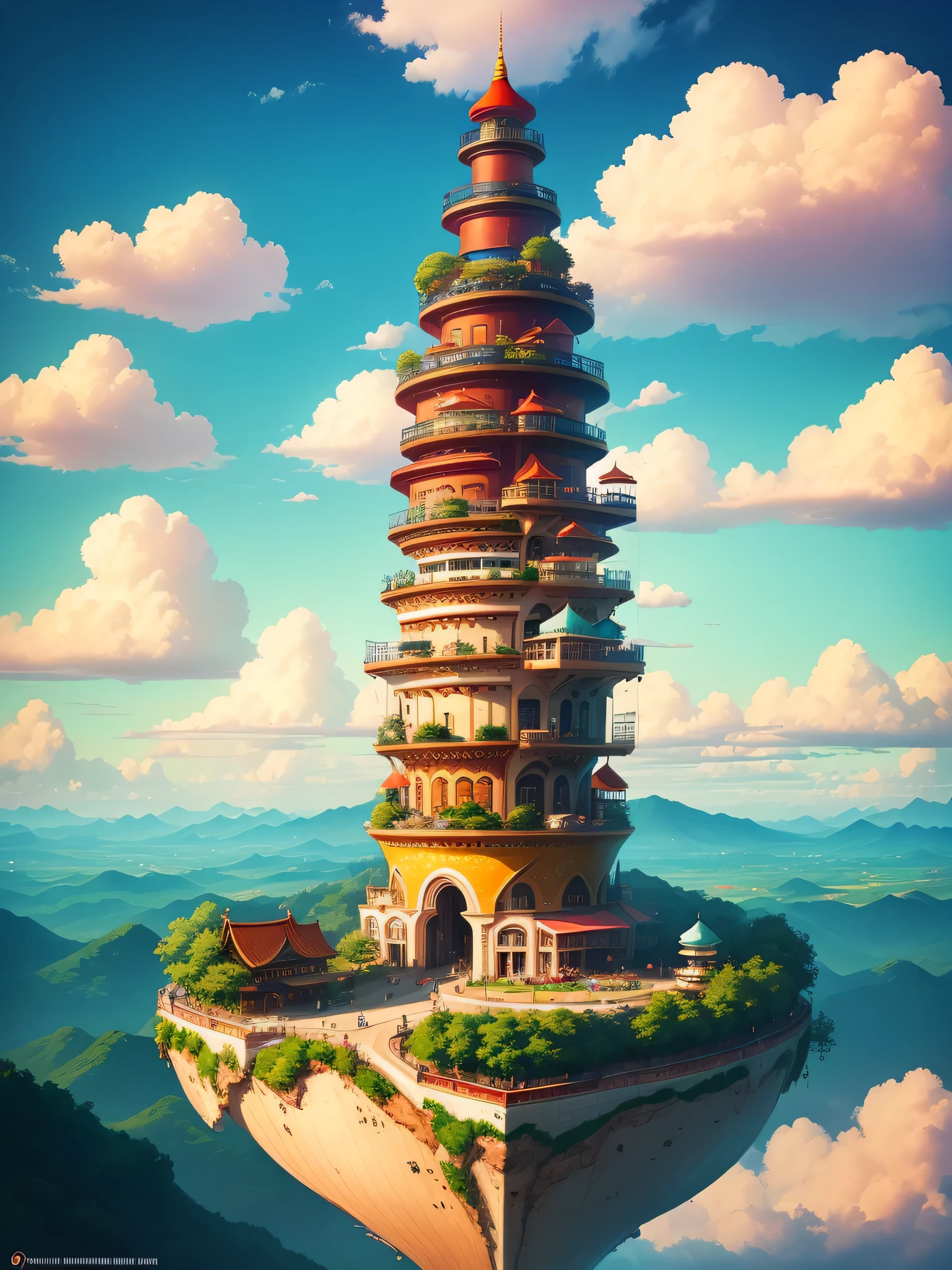 floating island,colorful clouds,Chinatown Building,Romantic,fantasy,beautiful,spectacular view,32k