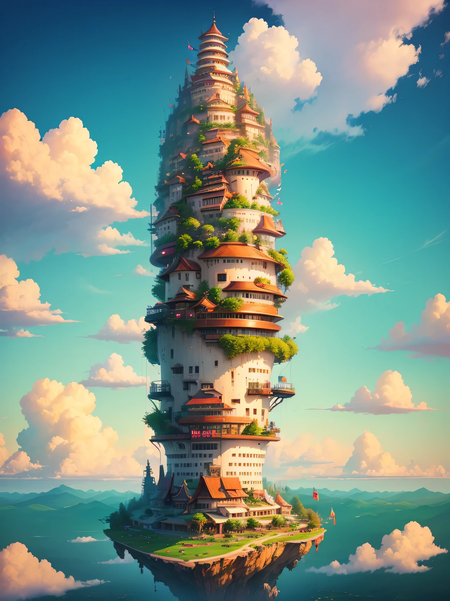 floating island,colorful clouds,Chinatown Building,Romantic,fantasy,beautiful,spectacular view,32k