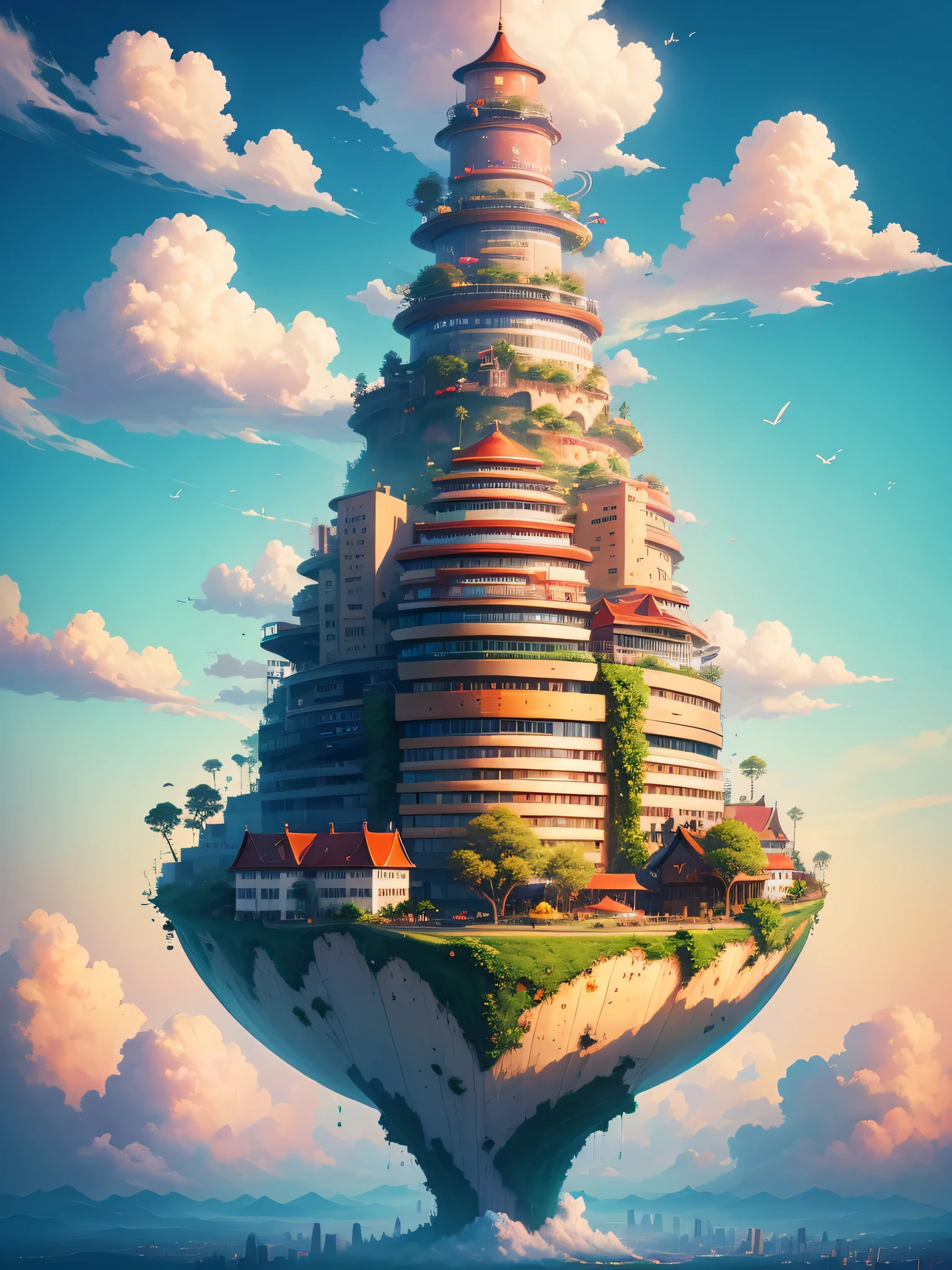 floating island，colorful clouds，Chinatown Building，Romantic，fantasy，beautiful，spectacular view，32k