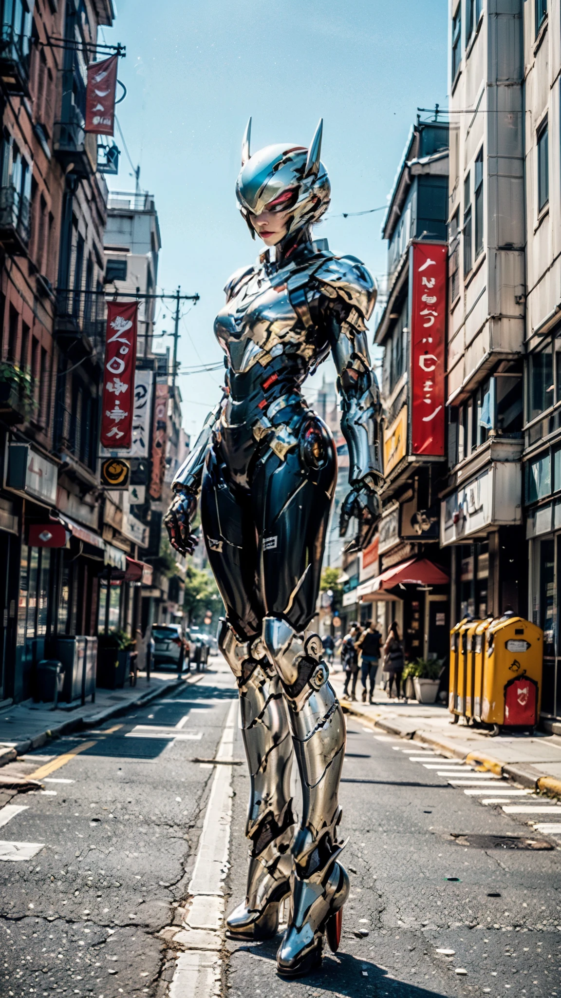 A woman adorned in fantasy-style full-body armor, a crown-concept fully enclosed helmet that unveils only her eyes, a composite layered chest plate, fully encompassing shoulder and hand guards, a lightweight waist armor, form-fitting shin guards, the overall design is heavy-duty yet flexible, ((the armor gleams with a golden glow, complemented by red and blue accents)), exhibiting a noble aura, she floats above the Futuristic city, this character embodies a finely crafted fantasy-surreal style armored hero in anime style, exquisite and mature manga art style, (beetle concept Armor, photorealistic:1.4, real texture material:1.2), ((city night view, elegant, goddess, femminine:1.5)), metallic, high definition, best quality, highres, ultra-detailed, ultra-fine painting, extremely delicate, professional, anatomically correct, symmetrical face, extremely detailed eyes and face, high quality eyes, creativity, RAW photo, UHD, 32k, Natural light, cinematic lighting, masterpiece-anatomy-perfect, masterpiece:1.5