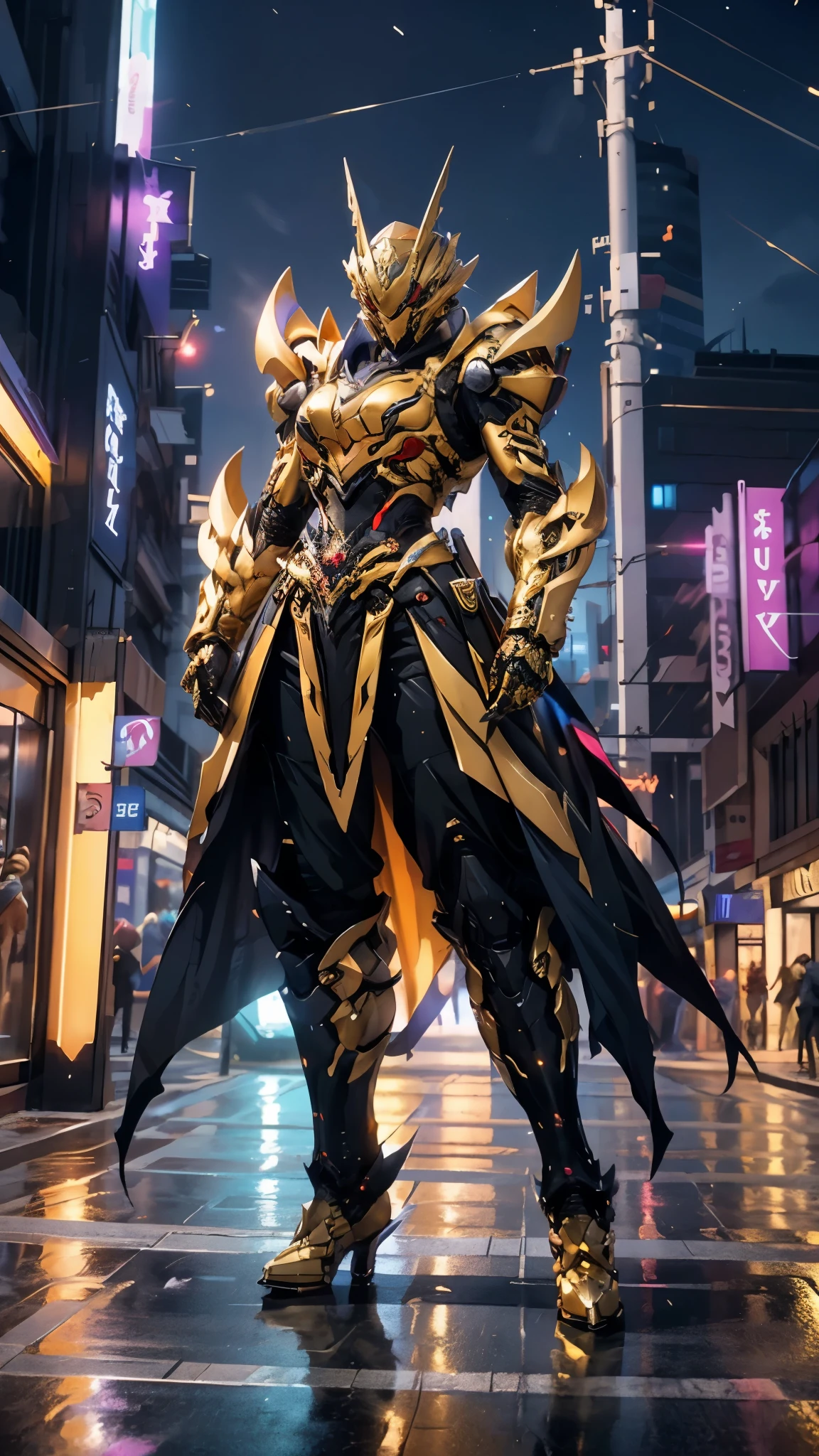 A woman adorned in fantasy-style full-body armor, a crown-concept fully enclosed helmet that unveils only her eyes, a composite layered chest plate, fully encompassing shoulder and hand guards, a lightweight waist armor, form-fitting shin guards, the overall design is heavy-duty yet flexible, ((the armor gleams with a golden glow, complemented by red and blue accents)), exhibiting a noble aura, she floats above the Futuristic city, this character embodies a finely crafted fantasy-surreal style armored hero in anime style, exquisite and mature manga art style, (beetle concept Armor, photorealistic:1.4, real texture material:1.2), ((city night view, elegant, goddess, femminine:1.5)), metallic, high definition, best quality, highres, ultra-detailed, ultra-fine painting, extremely delicate, professional, anatomically correct, symmetrical face, extremely detailed eyes and face, high quality eyes, creativity, RAW photo, UHD, 32k, Natural light, cinematic lighting, masterpiece-anatomy-perfect, masterpiece:1.5