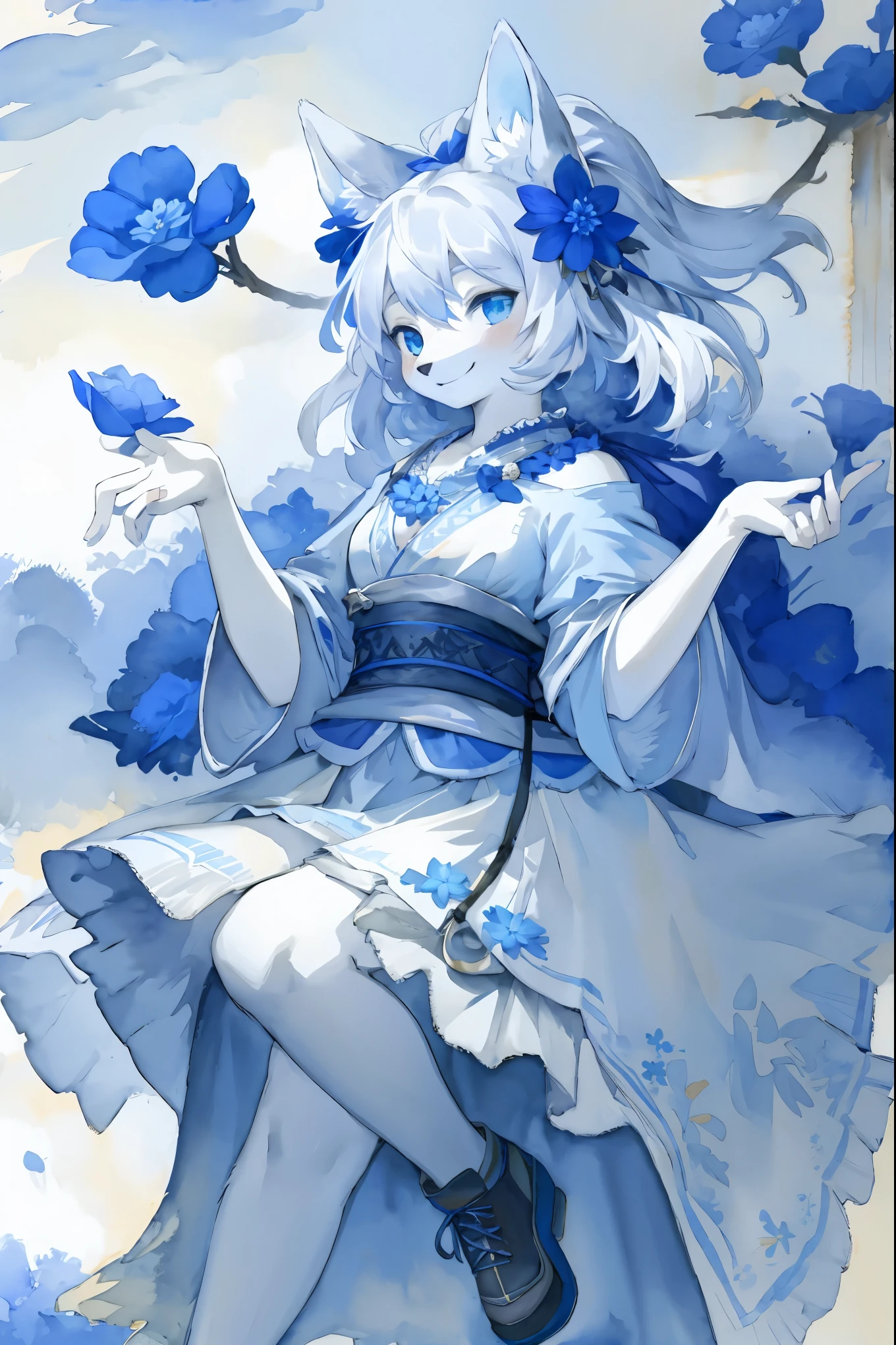 monochrome, watercolor, highres, top quality, best quality, paid reward available, High-quality illustrations, unparalleled masterpiece, perfect artwork, absurdres, 1girl, kemono, furry, detailed body fur, animal face, animal hand, Archaic Smile, holding a cluster of blue flower in both hands, which are positioned at chest level, She is wearing a simple ring on the ring finger of her left hand, unfocused spread of Blue flower, fan-created work shared on platforms Pixiv or Twitter,