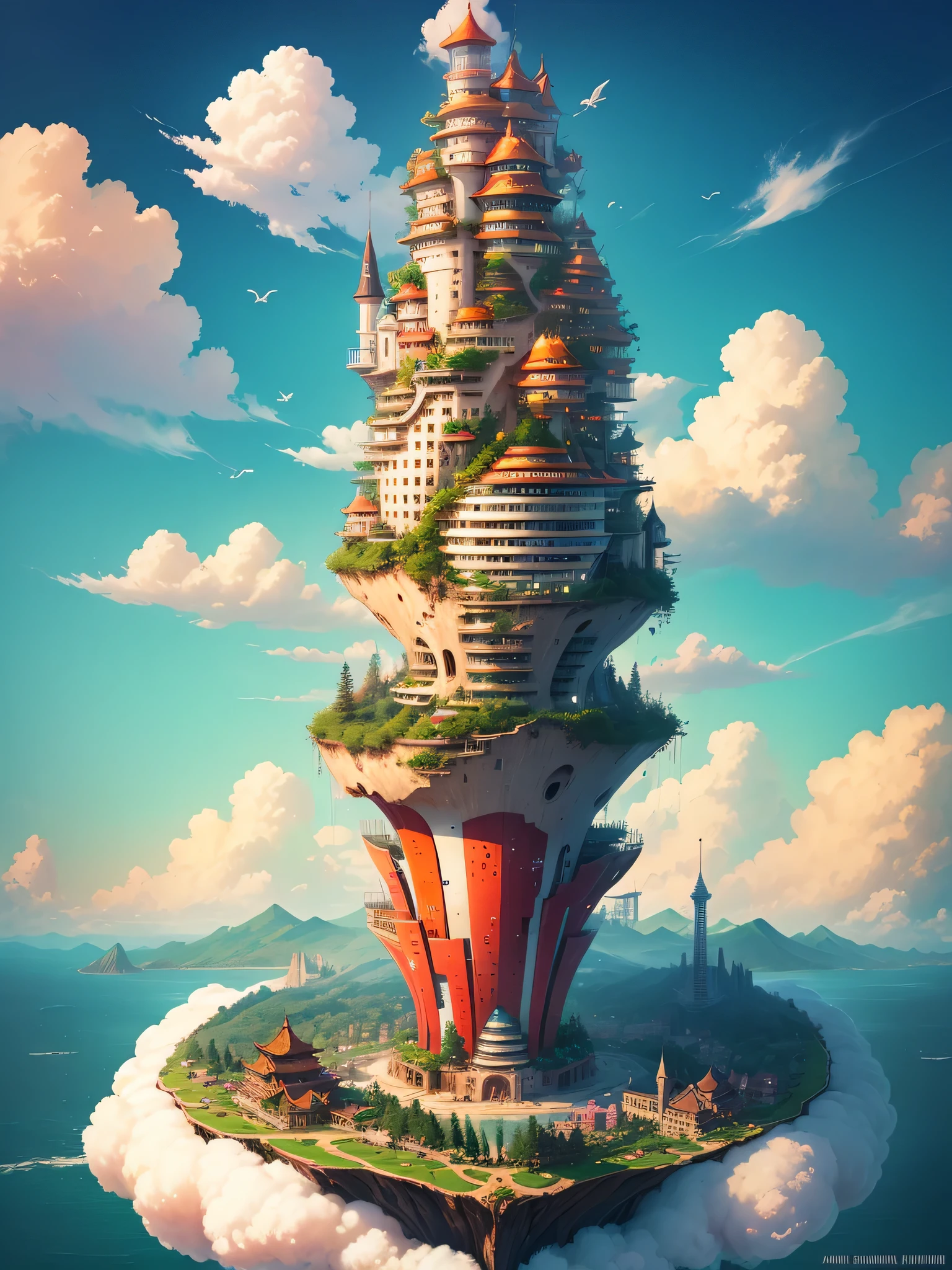 floating island，colorful clouds，Chinatown Building，Romantic，fantasy，beautiful，spectacular view，32k