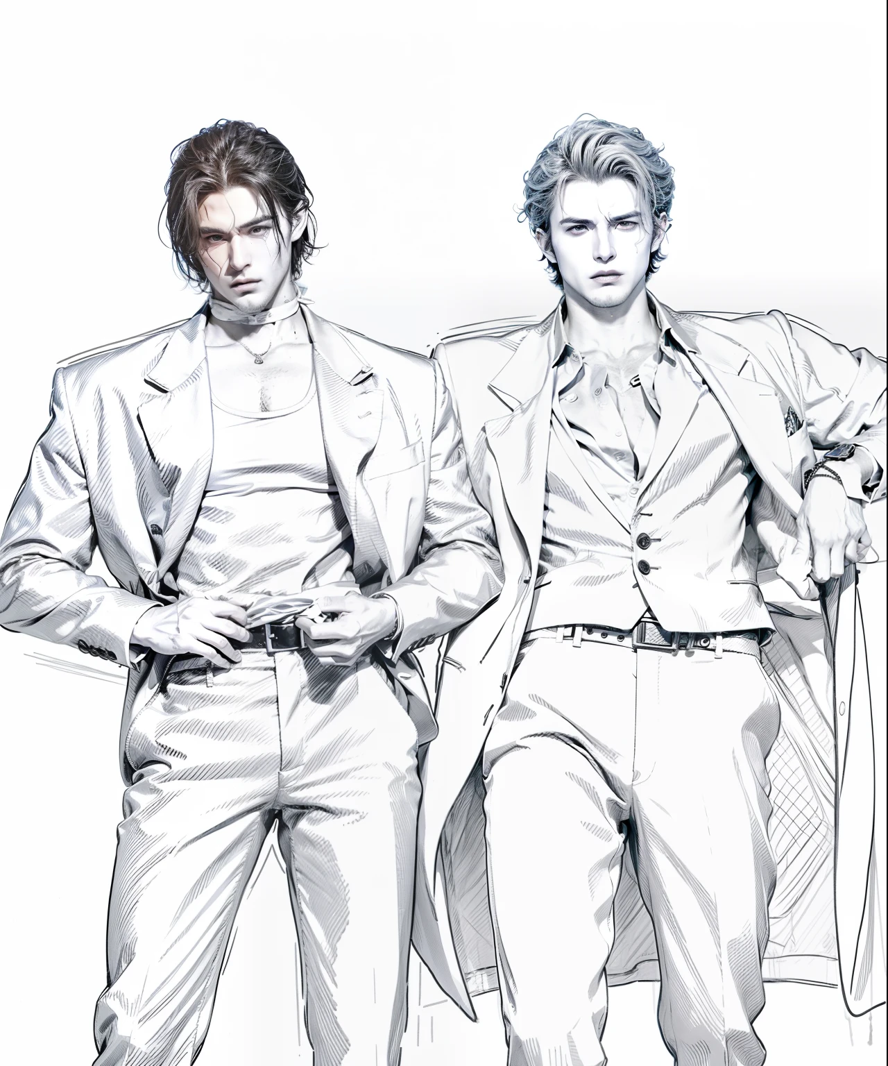 A drawing of two men in suits standing side by side., Two handsome anime guys, Petros and Leonids, Edmund Blair และ Charlie Bowater, Albert Wesker and Chris Redfield, Drawn in neo-noir style., Neo Black Style, Sirius A และ Sirius B, Kentaro Miura&#39;s manga art style, Goro and Kunkle