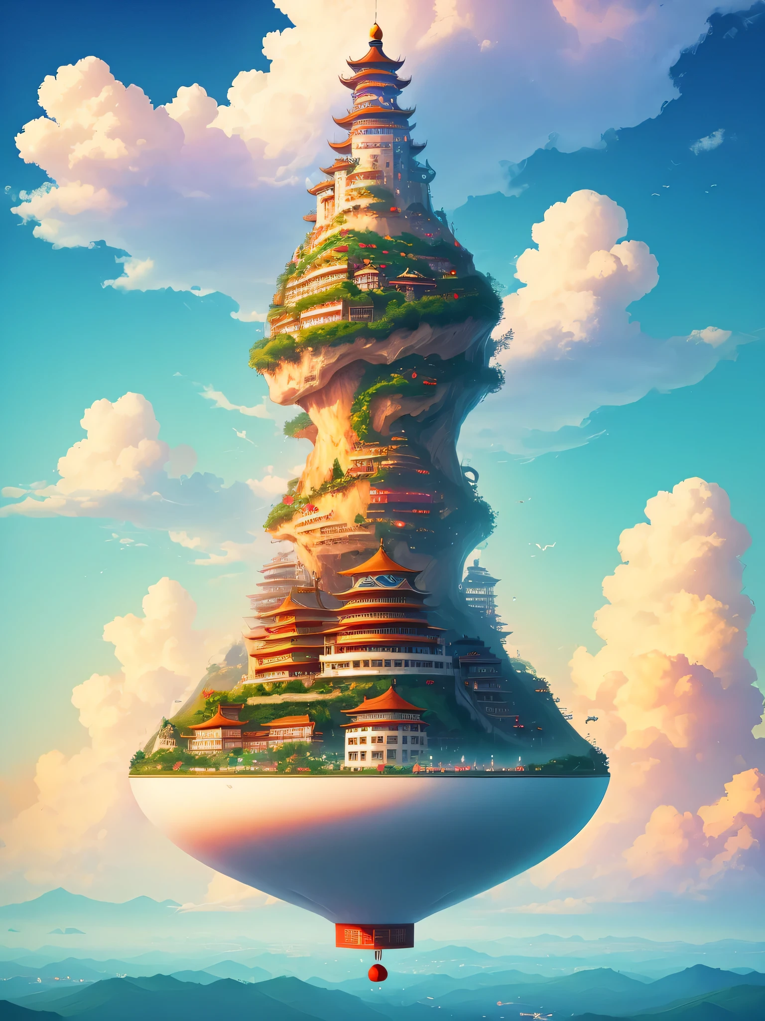 floating island,colorful clouds,Chinatown Building,Romantic,fantasy,beautiful,spectacular view,32k