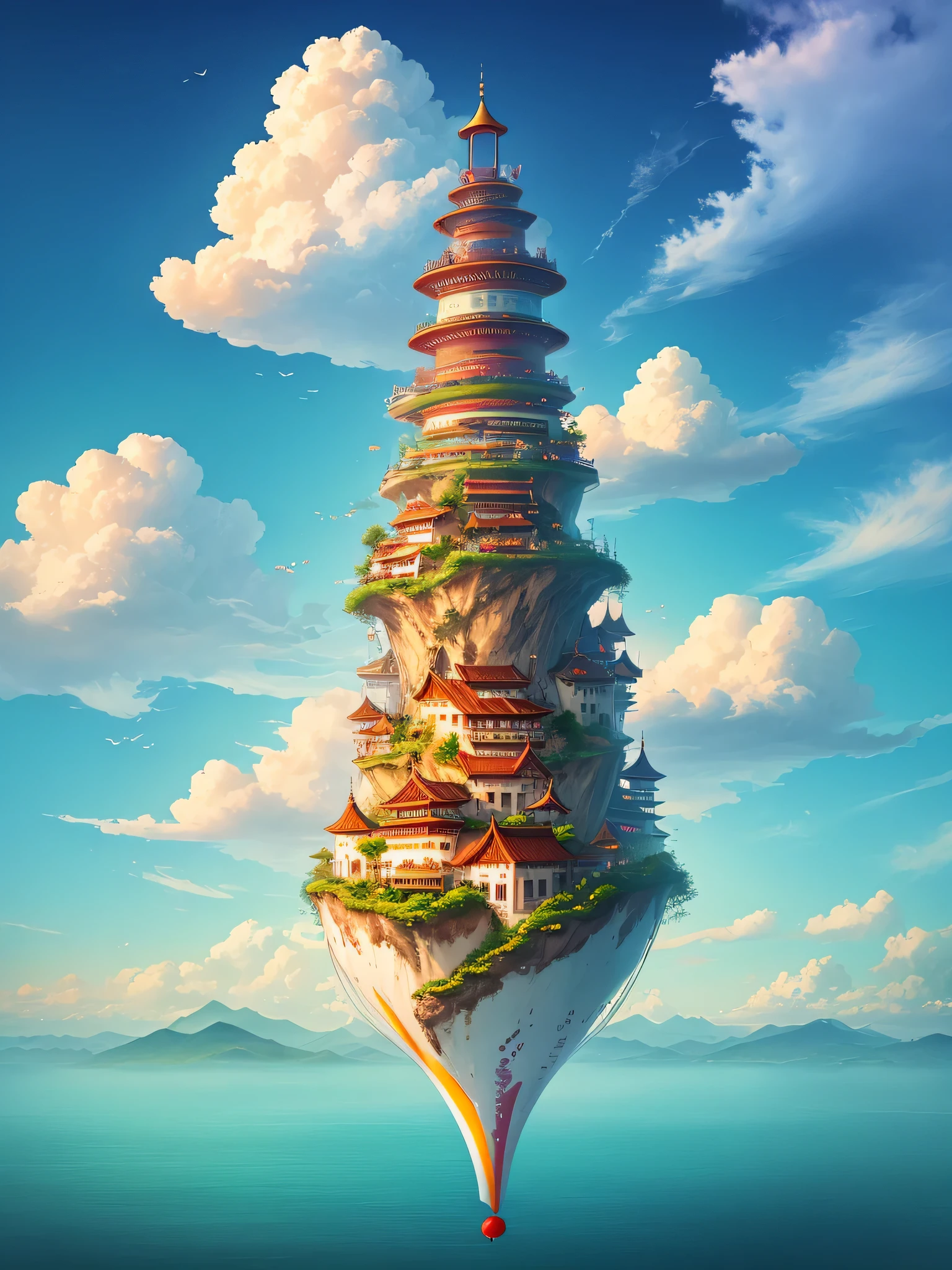 floating island,colorful clouds,Chinatown Building,Romantic,fantasy,beautiful,spectacular view,32k
