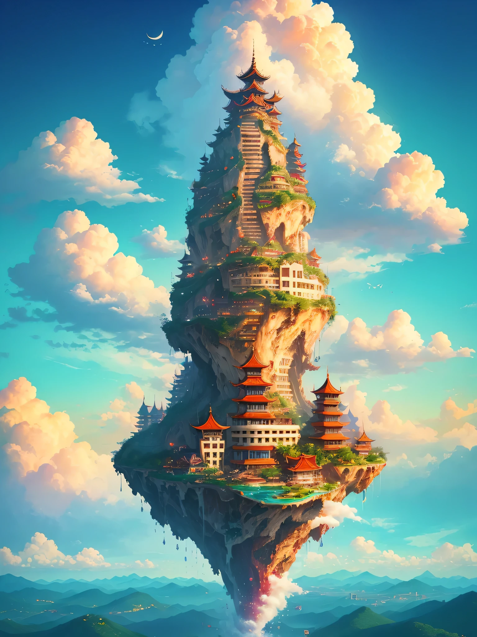 floating island,colorful clouds,Chinatown Building,Romantic,fantasy,beautiful,spectacular view,32k