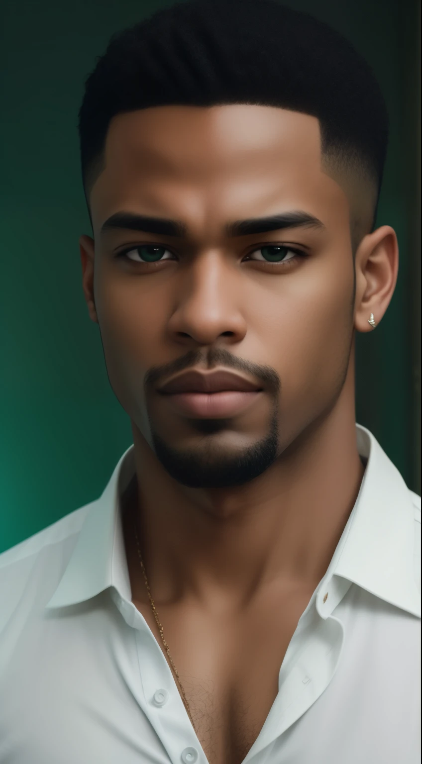 Kael: Portrait of handsome black man, face zoom, serious expression, short hair and no beard, green background, (((dark-skinned)))