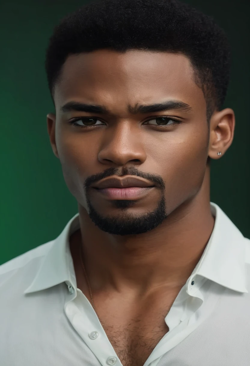 Kael: Portrait of handsome black man, face zoom, serious expression, short hair and no beard, green background, (((dark-skinned)))