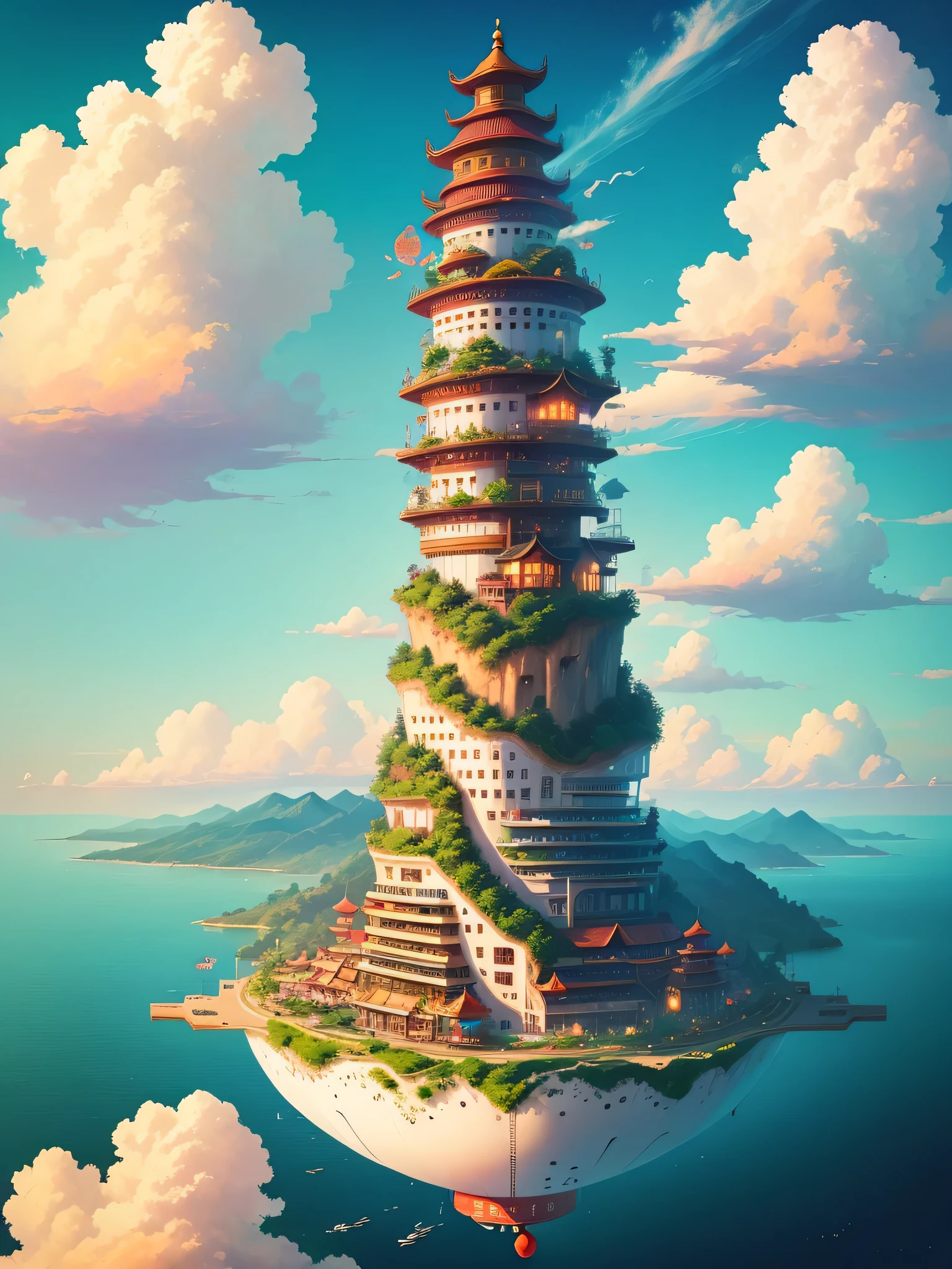 floating island，colorful clouds，Chinatown Building，Romantic，fantasy，beautiful，spectacular view，32k