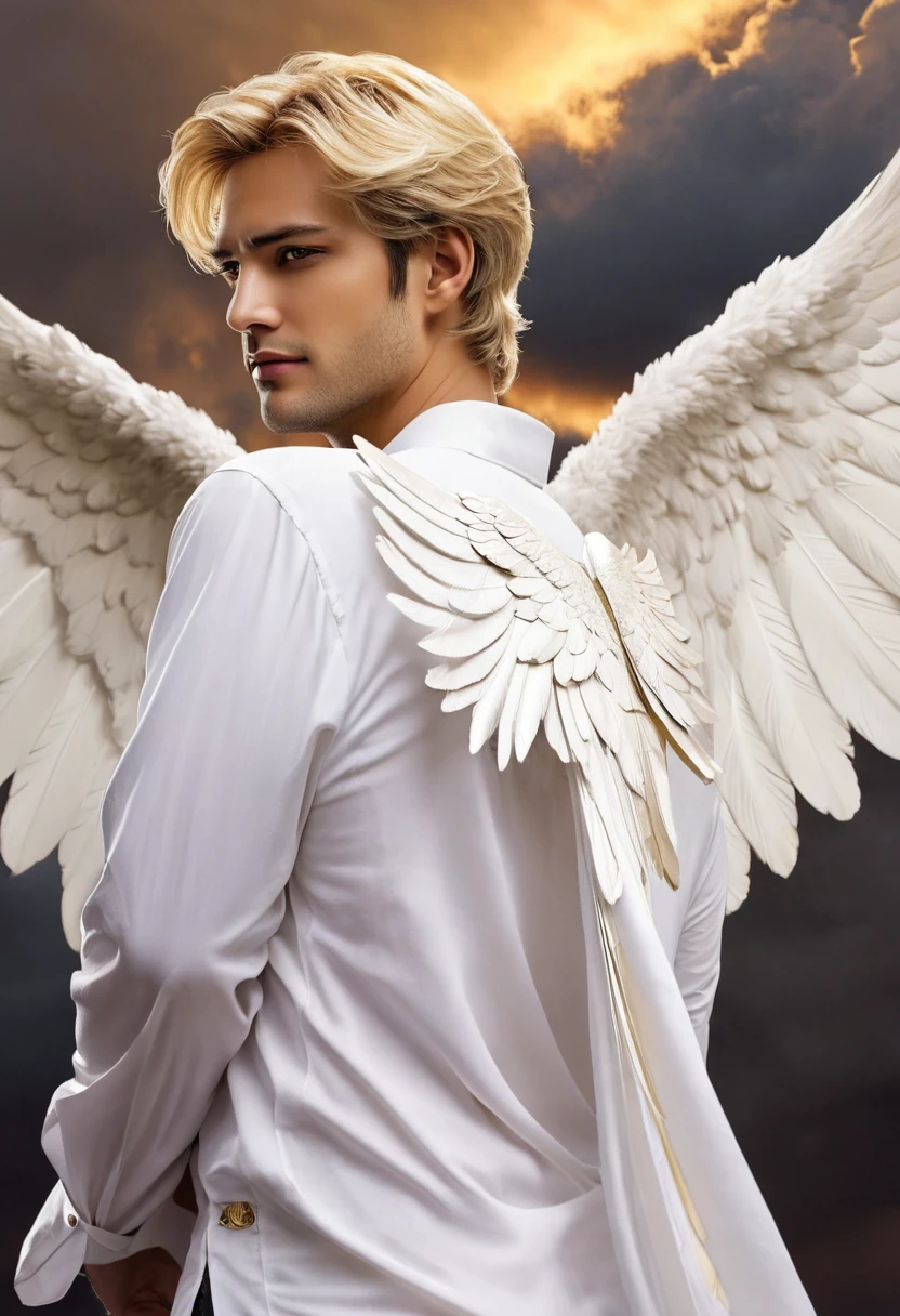 ((masterpiece, best quality)), Lucifer the fallen angel, very handsome, blond and medium hair, thin, huge and beautiful wings on his back, wearing white clothes, spiteful expression, looking at the viewer, golden clouds in the background, (((dark-skinned)))