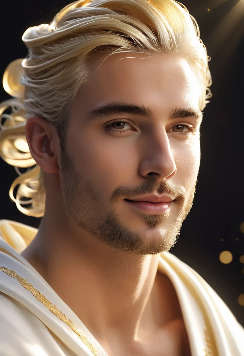 photorealistic, (hyperrealistic:1.2), handsome white man, masterpiece, best quality, extremely detailed face, perfect lighting, nice hands, perfect hands, A divine and radiant man in celestial splendor, (heavenly presence:1.2), (serene expression), (majestic wings), (ethereal glow:1.1), (peaceful and comforting), (transcendent beauty), (divine grace), (symbol of purity), (golden halo), (uplifting atmosphere), (celestial realm), (spiritual enlightenment), (gentle and protective), (illuminating light:1.2), (seraphic figure), (harmony and serenity), (angelic robes), (timeless and celestial), (captivating aura), (healing and guidance) white man, low taper fade man bun, blonde hair, facial stubble, smile,looking at camera, (((dark-skinned)))