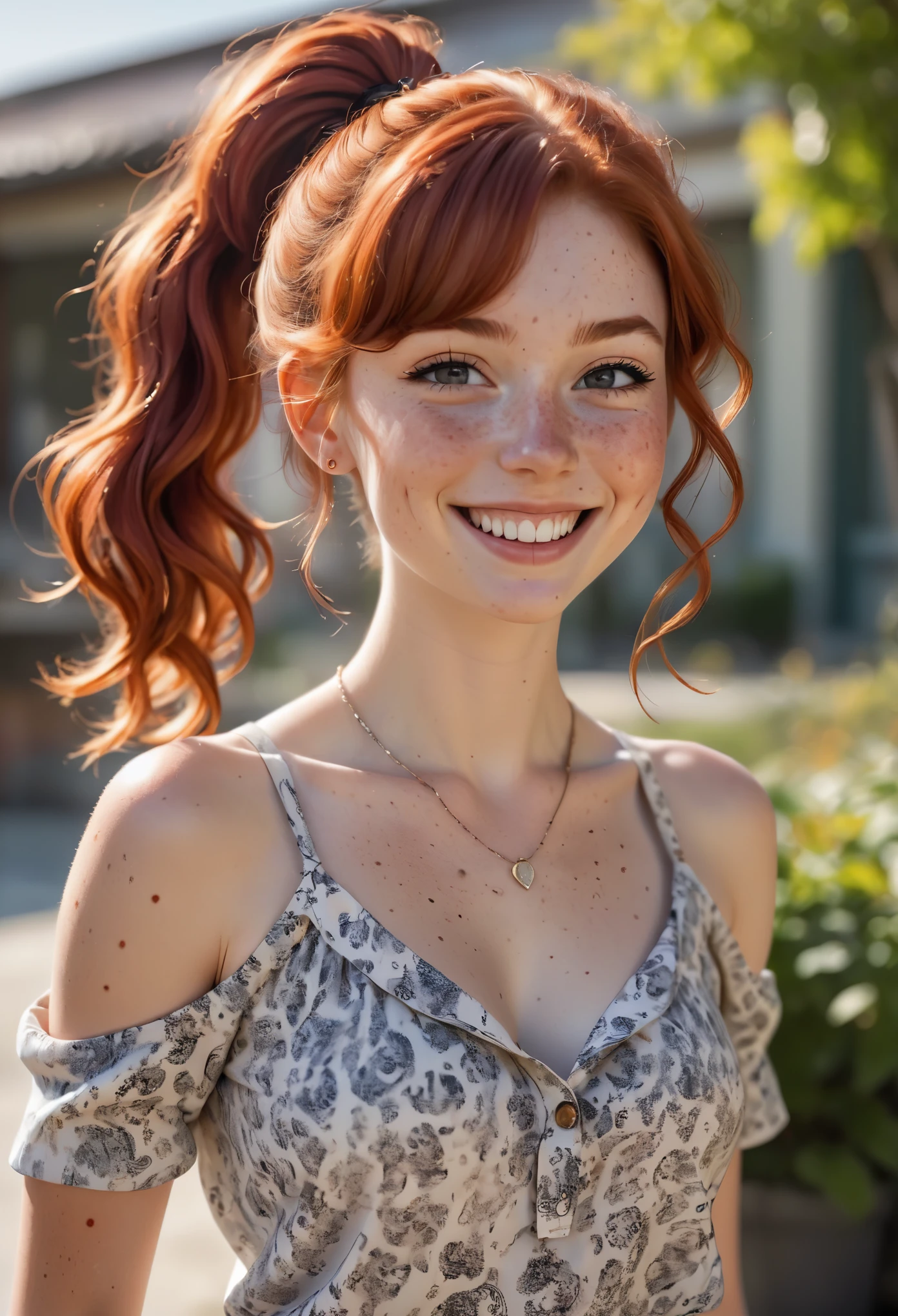 (masterpiece, best quality), 1girl, collarbone, wavy hair, looking at viewer, blurry foreground, upper body, necklace, contemporary, plain pants, ((intricate, print, pattern)), ponytail, freckles, red hair, dappled sunlight, smile, happy,