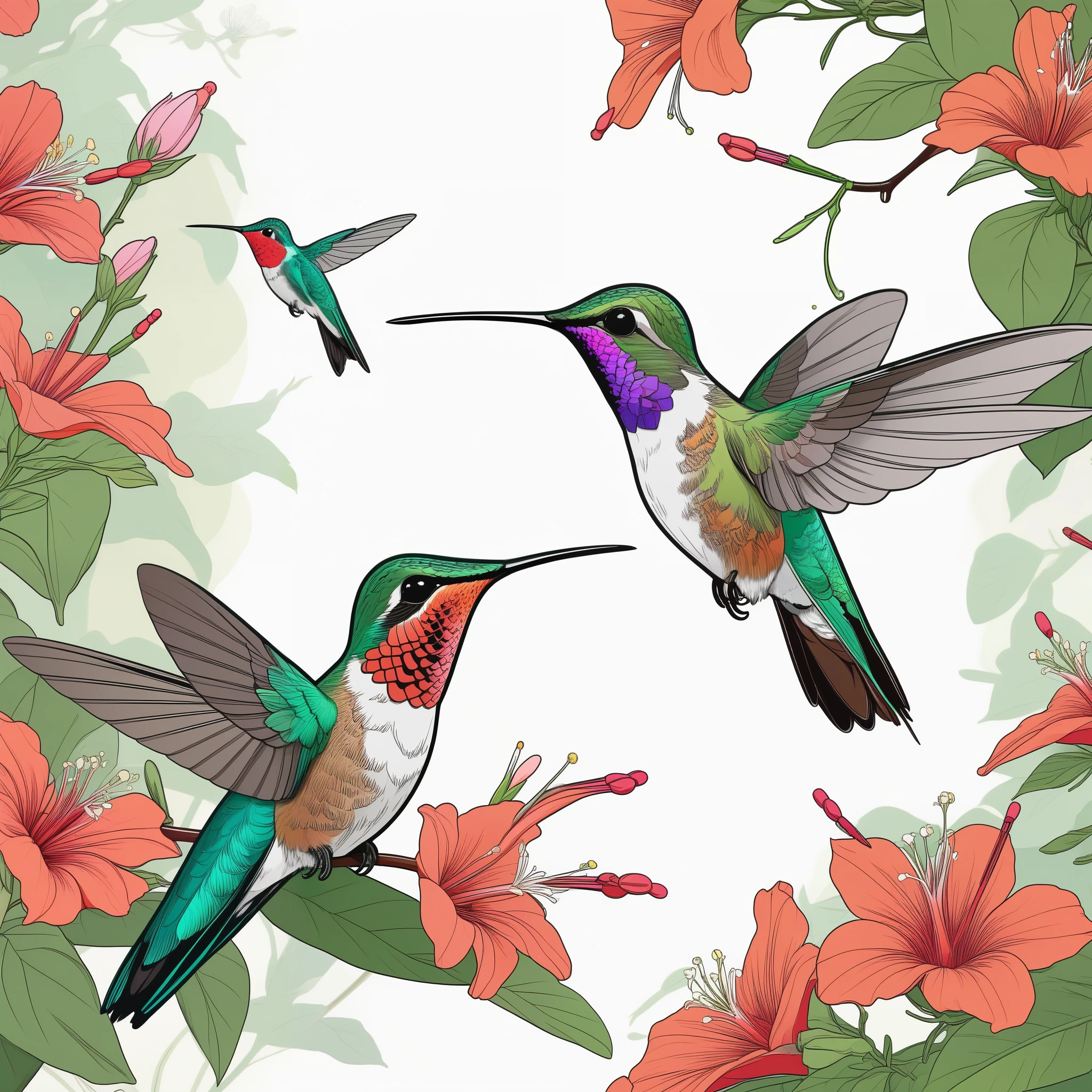 Masterpiece, highest quality, hummingbird, hummingbird family, Hummingbirds suck nectar,flat color, lineart,