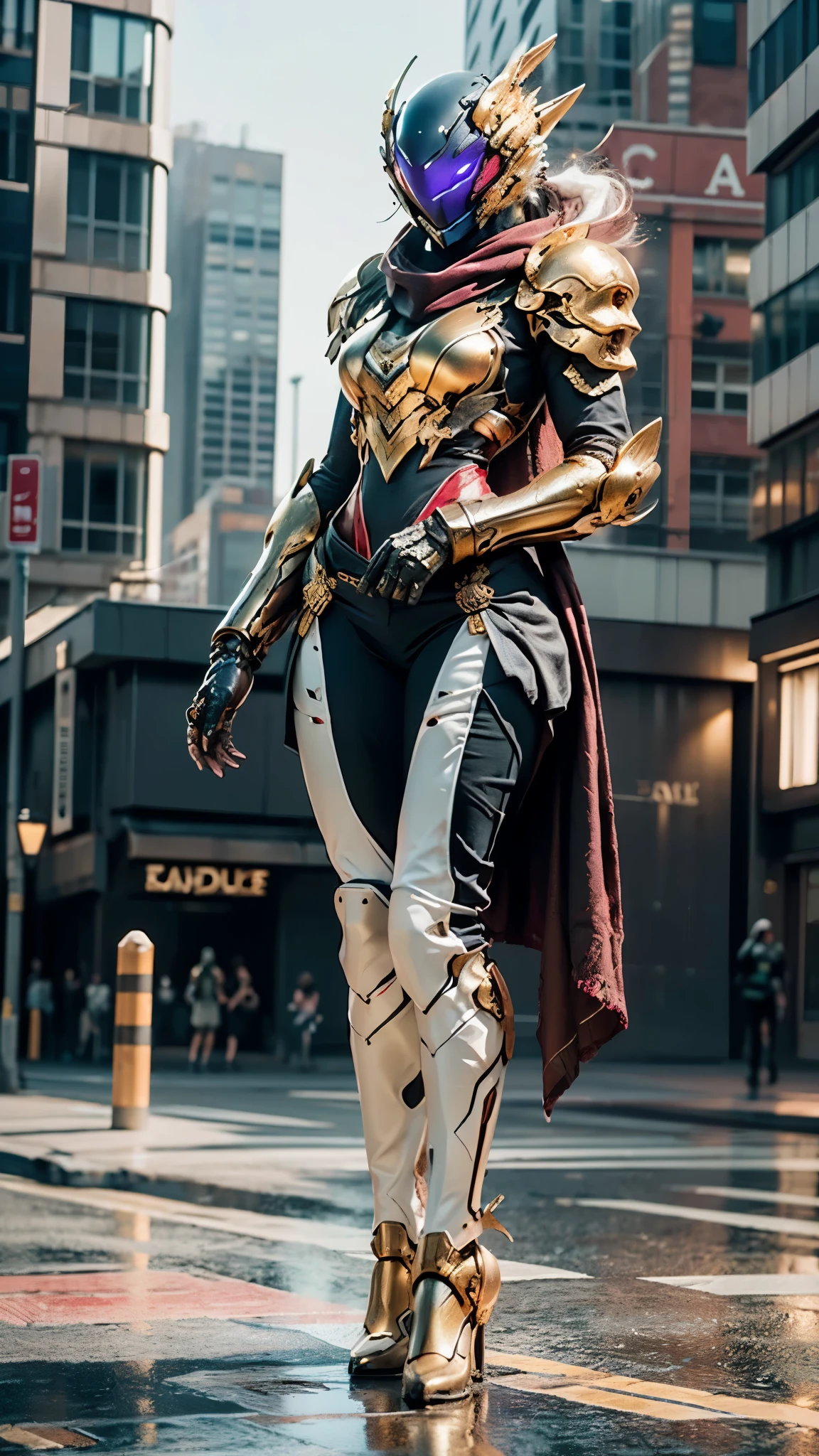 A woman adorned in fantasy-style full-body armor, a crown-concept fully enclosed helmet that unveils only her eyes, a composite layered chest plate, fully encompassing shoulder and hand guards, a lightweight waist armor, form-fitting shin guards, the overall design is heavy-duty yet flexible, ((the armor gleams with a golden glow, complemented by red and blue accents)), exhibiting a noble aura, she floats above the Futuristic city, this character embodies a finely crafted fantasy-surreal style armored hero in anime style, exquisite and mature manga art style, (beetle concept Armor, photorealistic:1.4, real texture material:1.2), ((city night view, elegant, goddess, femminine:1.5)), metallic, high definition, best quality, highres, ultra-detailed, ultra-fine painting, extremely delicate, professional, anatomically correct, symmetrical face, extremely detailed eyes and face, high quality eyes, creativity, RAW photo, UHD, 32k, Natural light, cinematic lighting, masterpiece-anatomy-perfect, masterpiece:1.5