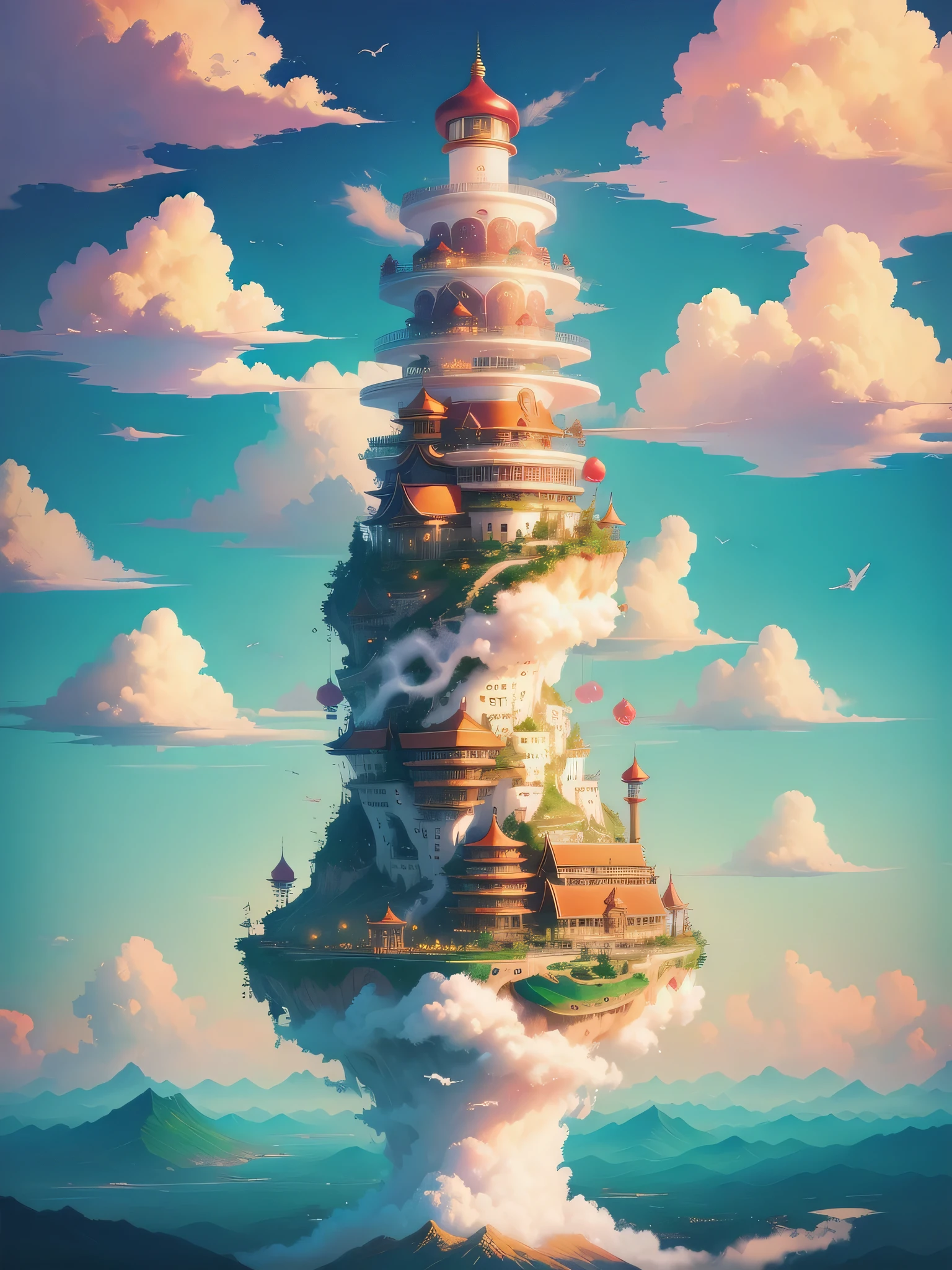 floating island,colorful clouds,Chinatown Building,Romantic,fantasy,beautiful,spectacular view,32k