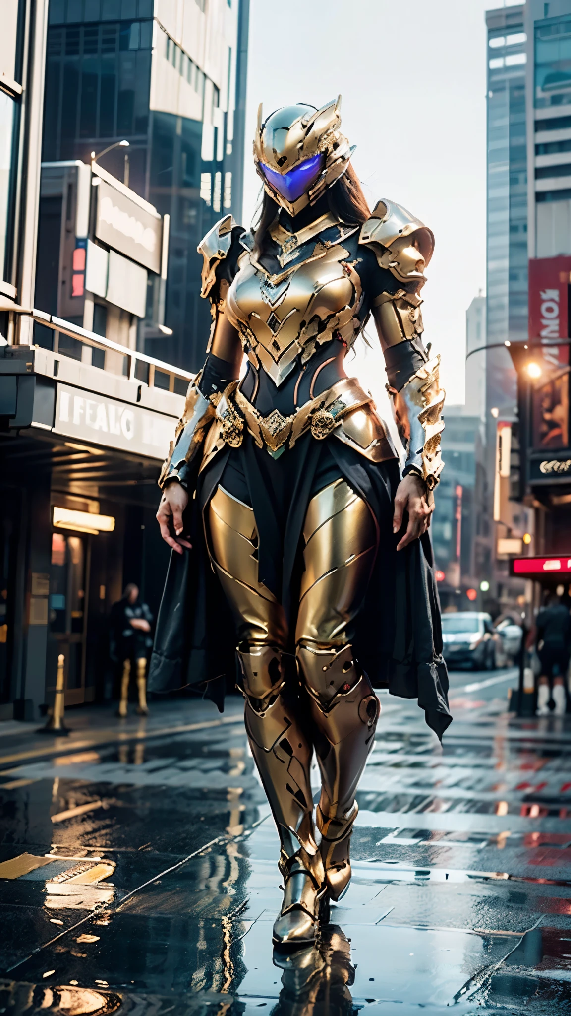 A woman adorned in fantasy-style full-body armor, a crown-concept fully enclosed helmet that unveils only her eyes, a composite layered chest plate, fully encompassing shoulder and hand guards, a lightweight waist armor, form-fitting shin guards, the overall design is heavy-duty yet flexible, ((the armor gleams with a golden glow, complemented by red and blue accents)), exhibiting a noble aura, she floats above the Futuristic city, this character embodies a finely crafted fantasy-surreal style armored hero in anime style, exquisite and mature manga art style, (beetle concept Armor, photorealistic:1.4, real texture material:1.2), ((city night view, elegant, goddess, femminine:1.5)), metallic, high definition, best quality, highres, ultra-detailed, ultra-fine painting, extremely delicate, professional, anatomically correct, symmetrical face, extremely detailed eyes and face, high quality eyes, creativity, RAW photo, UHD, 32k, Natural light, cinematic lighting, masterpiece-anatomy-perfect, masterpiece:1.5