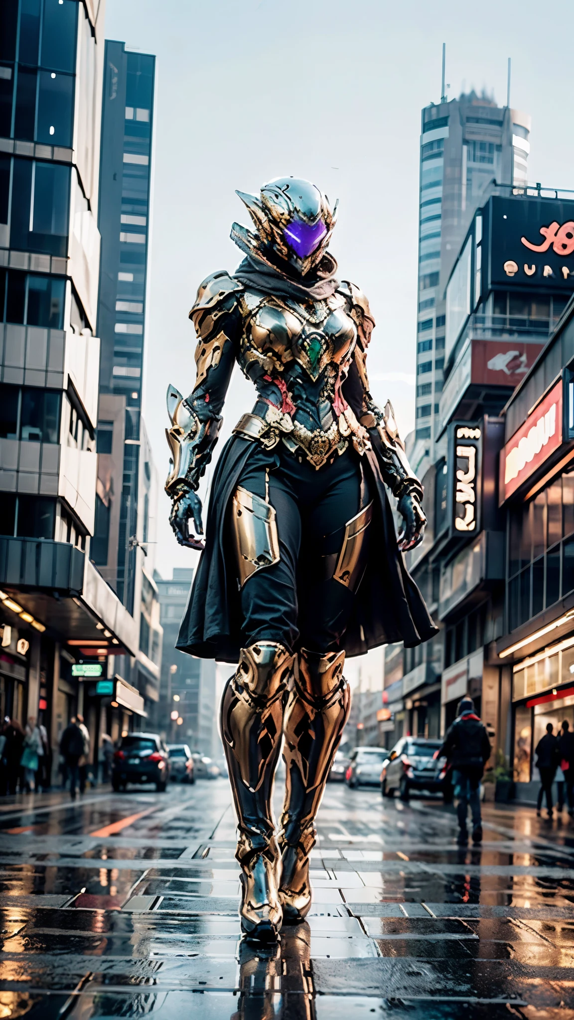 A woman adorned in fantasy-style full-body armor, a crown-concept fully enclosed helmet that unveils only her eyes, a composite layered chest plate, fully encompassing shoulder and hand guards, a lightweight waist armor, form-fitting shin guards, the overall design is heavy-duty yet flexible, ((the armor gleams with a golden glow, complemented by red and blue accents)), exhibiting a noble aura, she floats above the Futuristic city, this character embodies a finely crafted fantasy-surreal style armored hero in anime style, exquisite and mature manga art style, (beetle concept Armor, photorealistic:1.4, real texture material:1.2), ((city night view, elegant, goddess, femminine:1.5)), metallic, high definition, best quality, highres, ultra-detailed, ultra-fine painting, extremely delicate, professional, anatomically correct, symmetrical face, extremely detailed eyes and face, high quality eyes, creativity, RAW photo, UHD, 32k, Natural light, cinematic lighting, masterpiece-anatomy-perfect, masterpiece:1.5