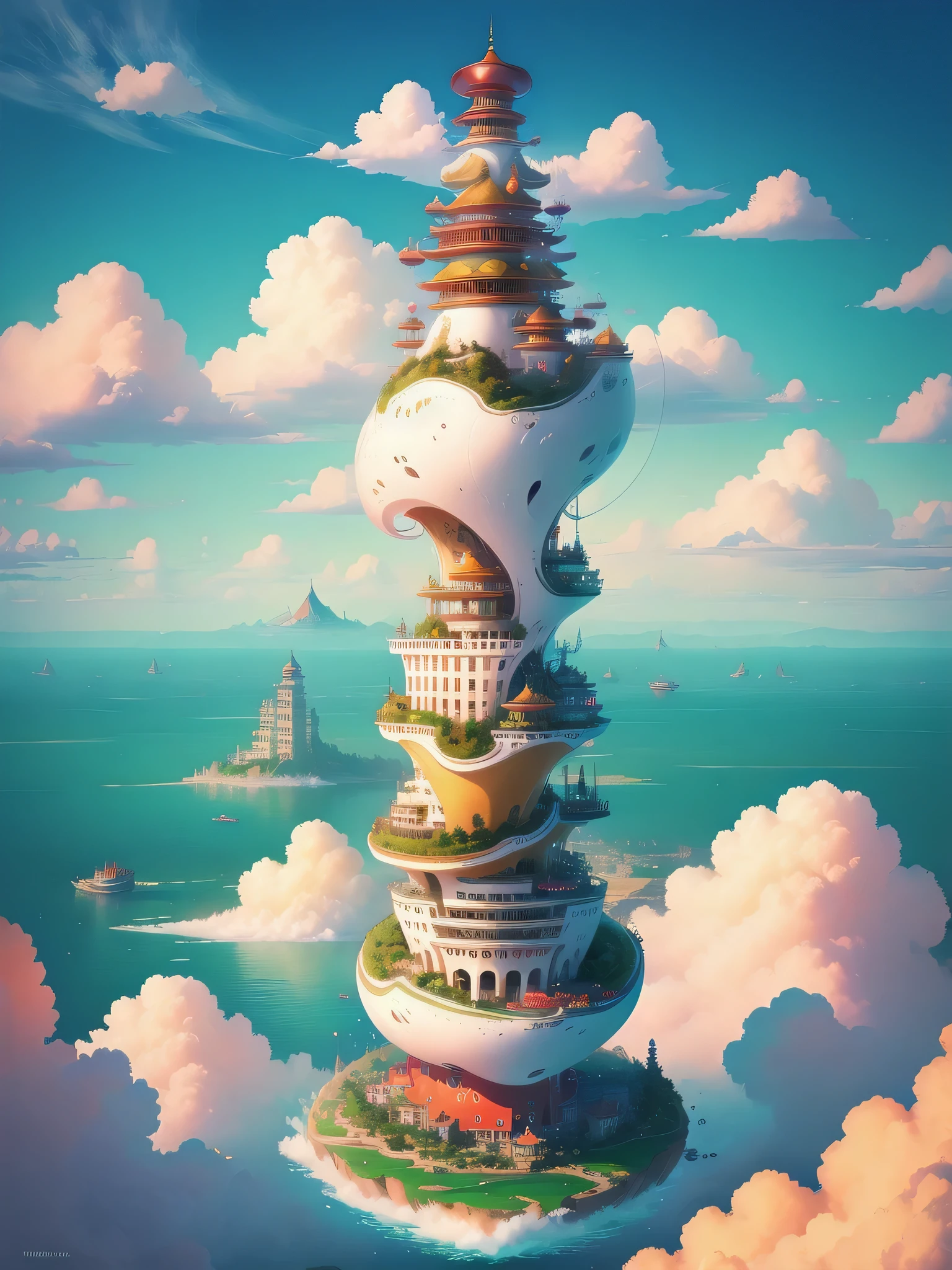 floating island,colorful clouds,Chinatown Building,Romantic,fantasy,beautiful,spectacular view,32k