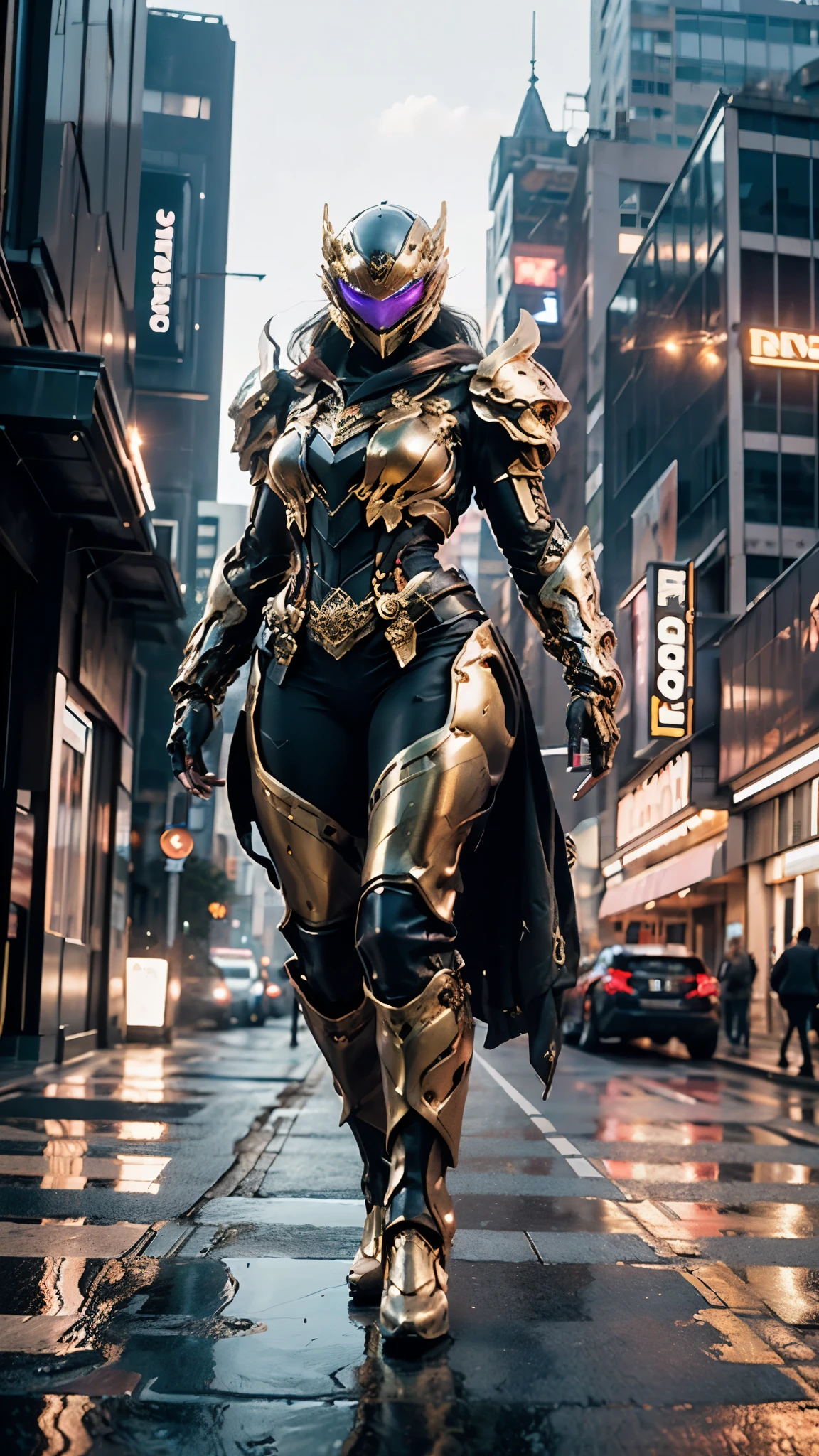 A woman adorned in fantasy-style full-body armor, a crown-concept fully enclosed helmet that unveils only her eyes, a composite layered chest plate, fully encompassing shoulder and hand guards, a lightweight waist armor, form-fitting shin guards, the overall design is heavy-duty yet flexible, ((the armor gleams with a golden glow, complemented by red and blue accents)), exhibiting a noble aura, she floats above the Futuristic city, this character embodies a finely crafted fantasy-surreal style armored hero in anime style, exquisite and mature manga art style, (beetle concept Armor, photorealistic:1.4, real texture material:1.2), ((city night view, elegant, goddess, femminine:1.5)), metallic, high definition, best quality, highres, ultra-detailed, ultra-fine painting, extremely delicate, professional, anatomically correct, symmetrical face, extremely detailed eyes and face, high quality eyes, creativity, RAW photo, UHD, 32k, Natural light, cinematic lighting, masterpiece-anatomy-perfect, masterpiece:1.5