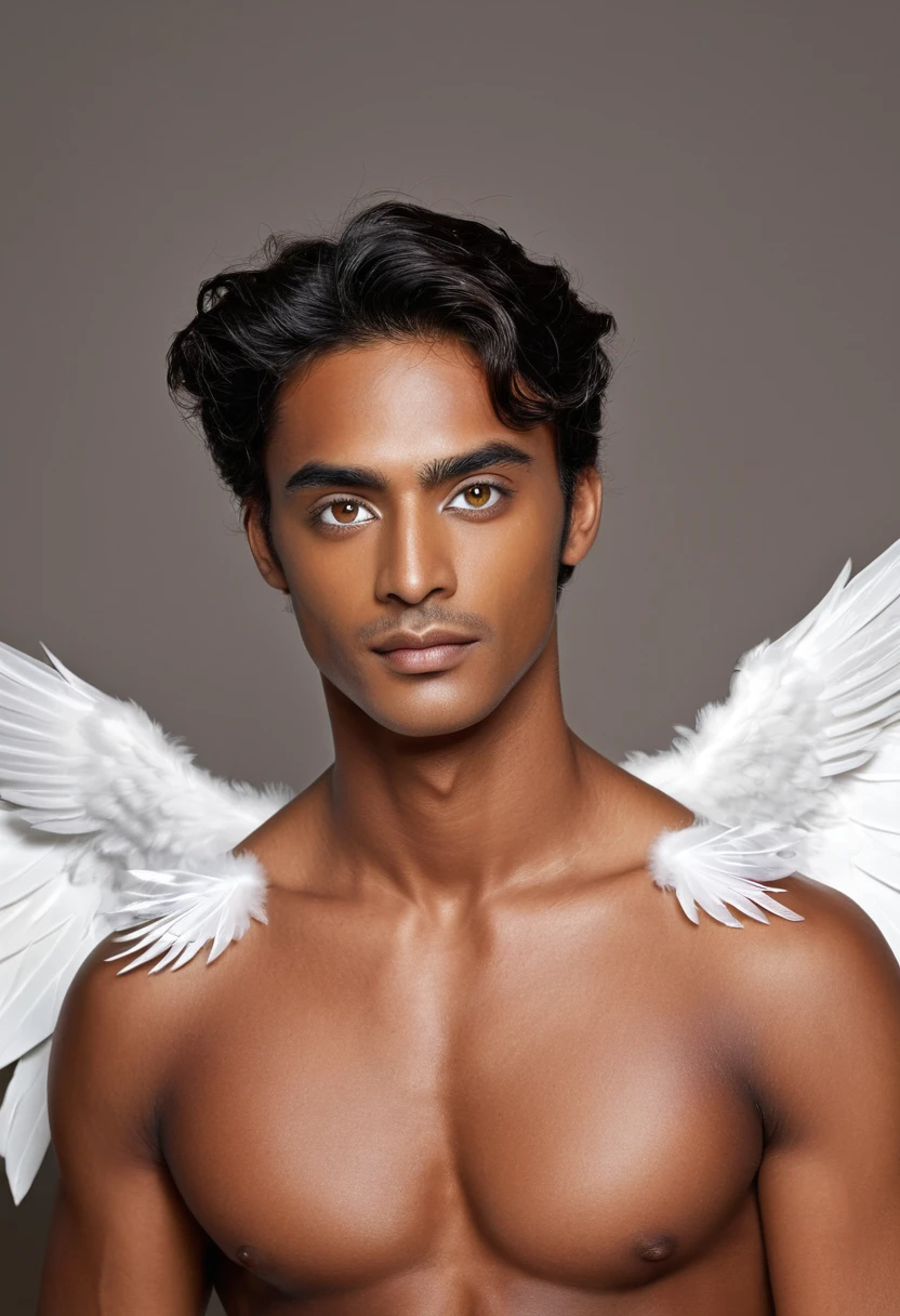 Anjo, masculine-looking, olhos flamejantes, three pairs of white wings, (((dark-skinned)))
