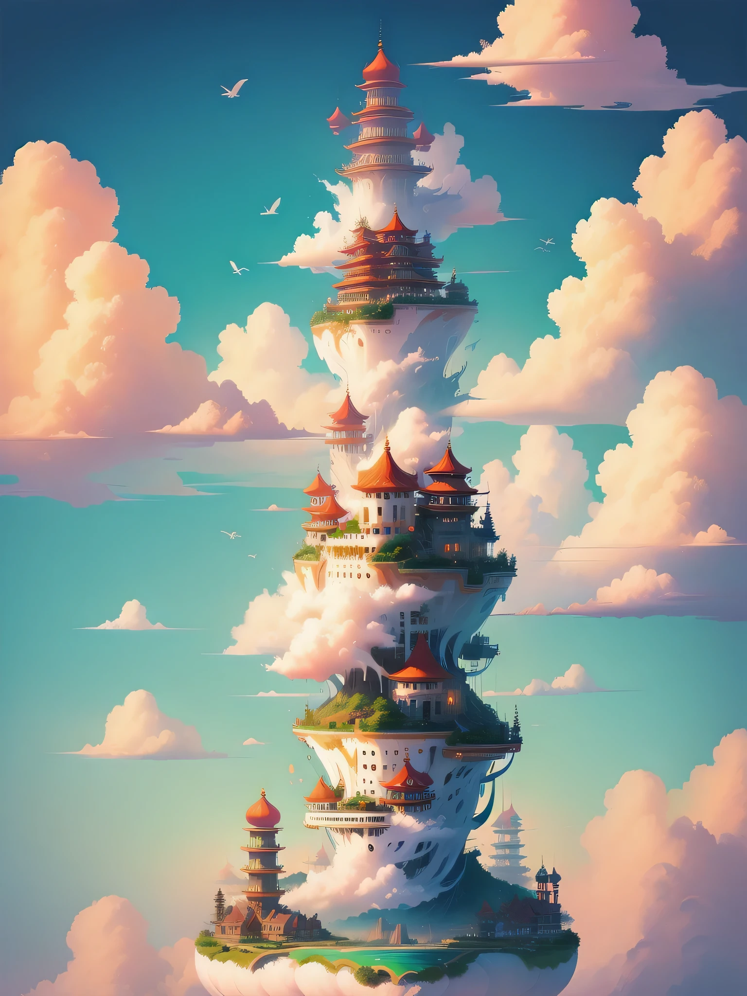 floating island，colorful clouds，Chinatown Building，Romantic，fantasy，beautiful，spectacular view，32k